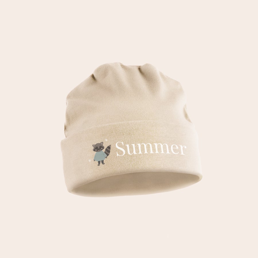 Berretto da Neonato Cappello da neonato color beige con procione e testo Summer stampati, personalizzabile con nome o testo