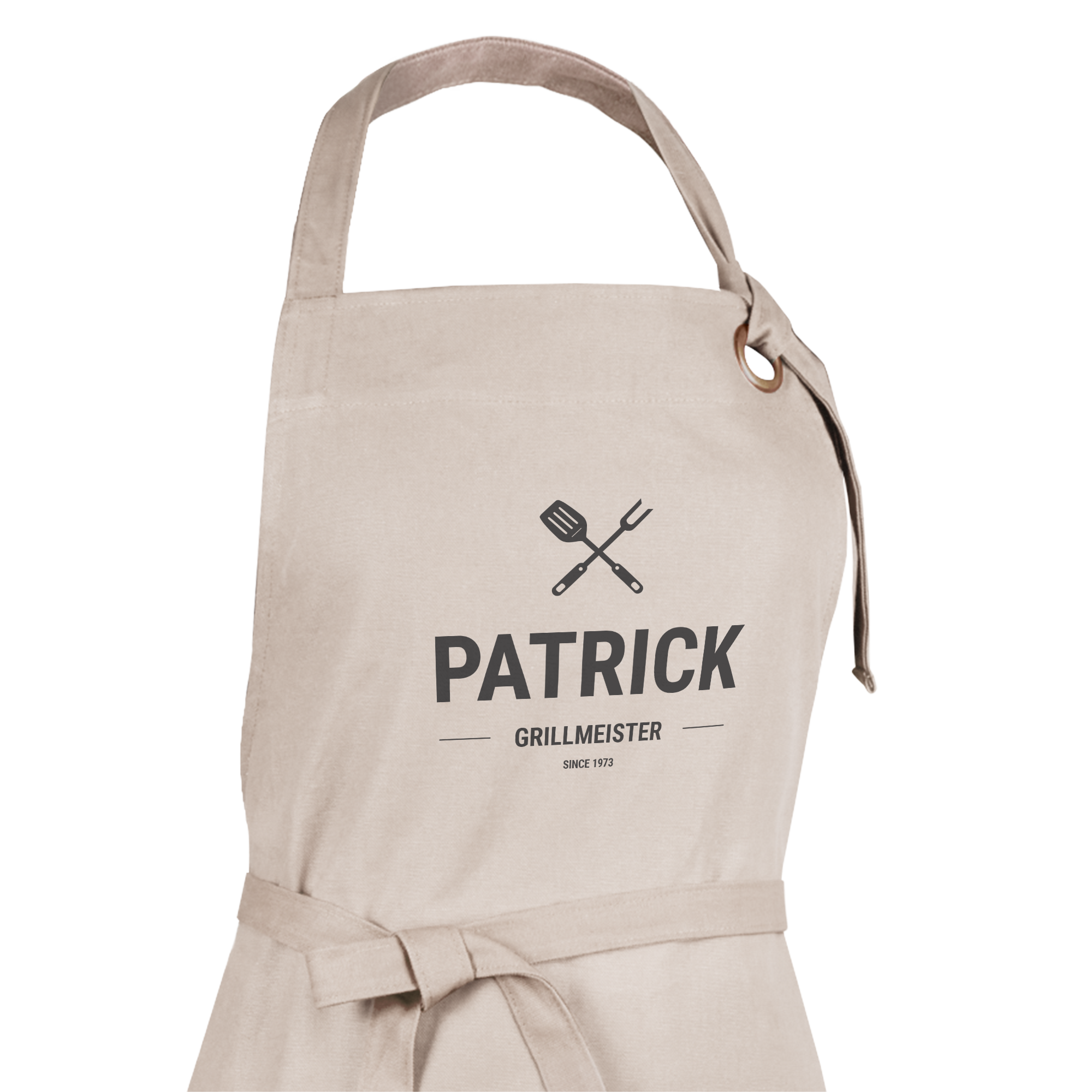 Personalisierte Schürze für Männer aus beigem Stoff, bedruckt mit dem Namen PATRICK, Grillmeister und seit 1973