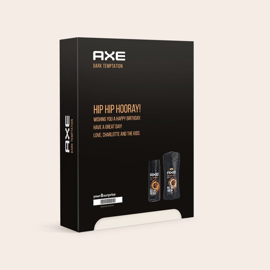 Set regalo personalizzato Axe - Dark Temptation Set regalo Axe Dark Temptation con due prodotti e copertina personalizzata stampata con messaggio e nomi. Chi sorprenderai?