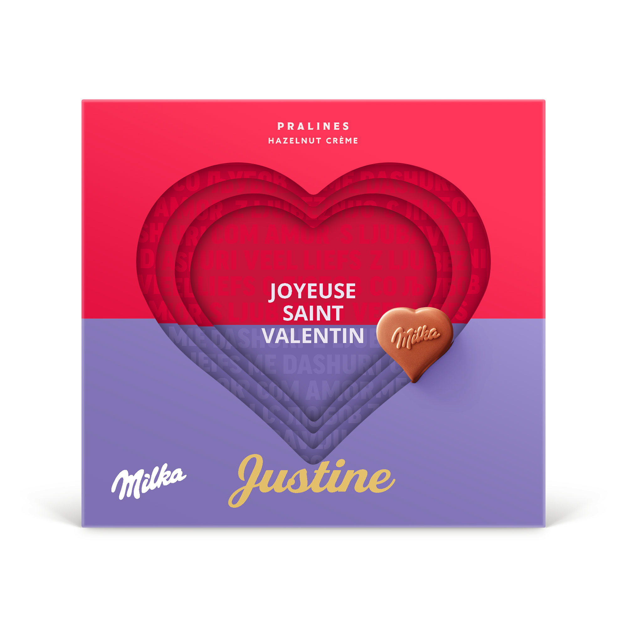 Coffret cadeau personnalisé Cœurs Milka 3D avec nom Justine et Joyeuse Saint Valentin, imprimé sur la boîte