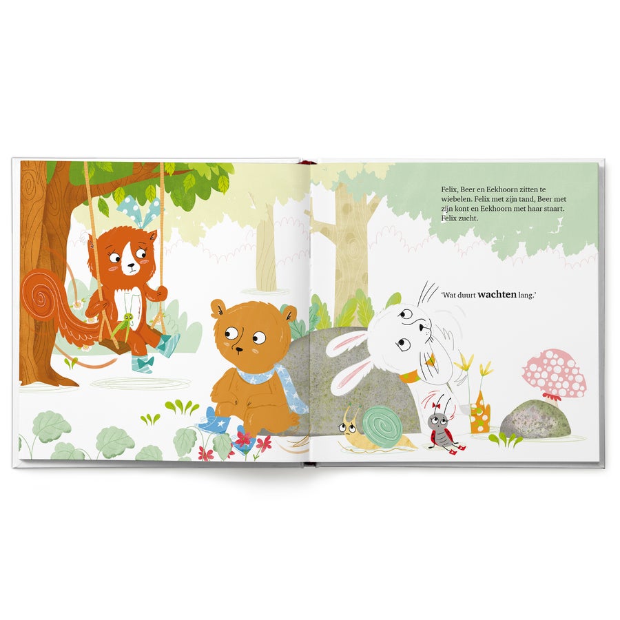 Konijn heeft een wiebeltand personaliseren Prentenboek Konijn heeft een wiebeltand met daarin de gepersonaliseerde naam Felix en een verhaal over het wisselen van zijn eerste tand.