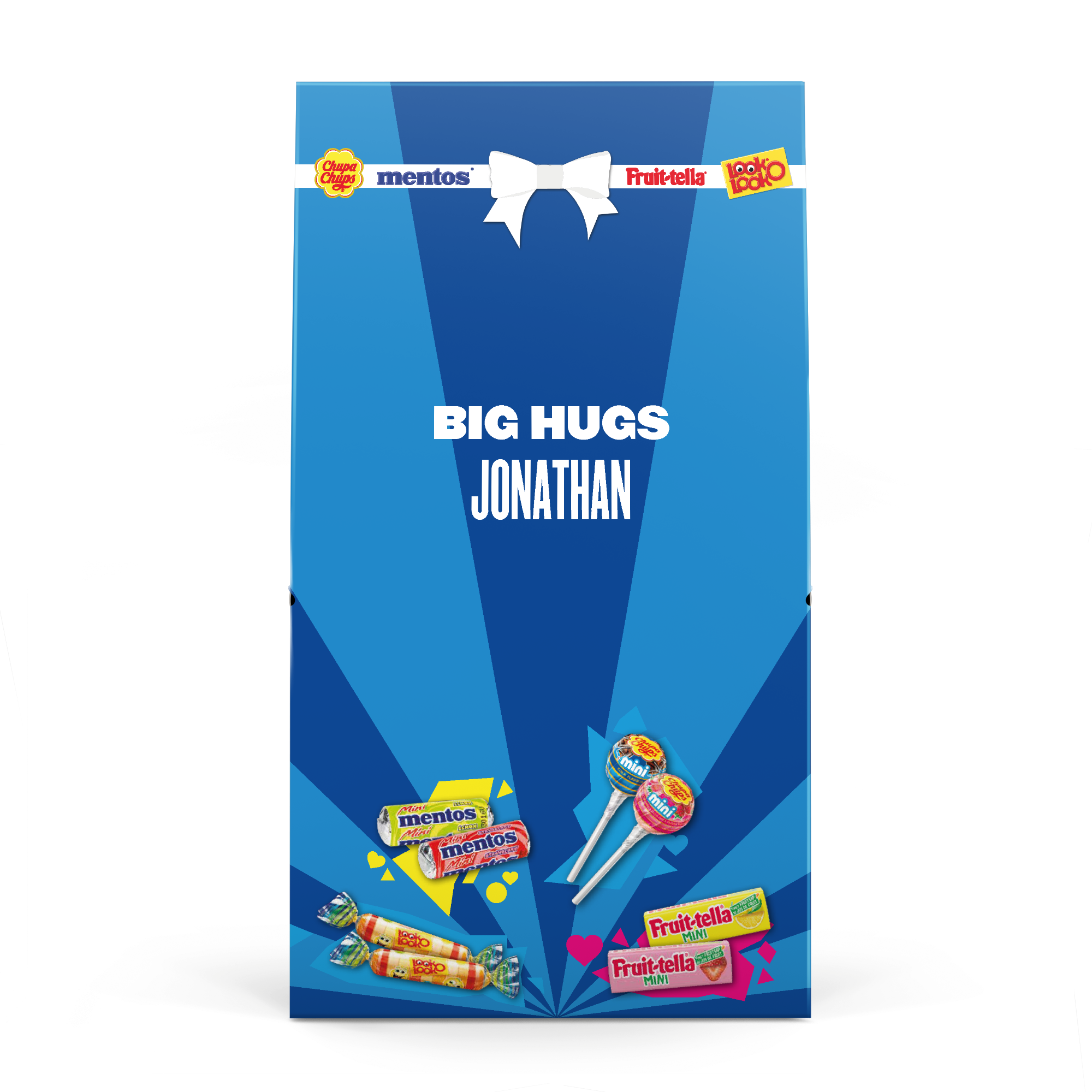 Personalised Fruit-tella candy mix pouch with the name Jonathan and "Big Hugs" printed on a blue design.