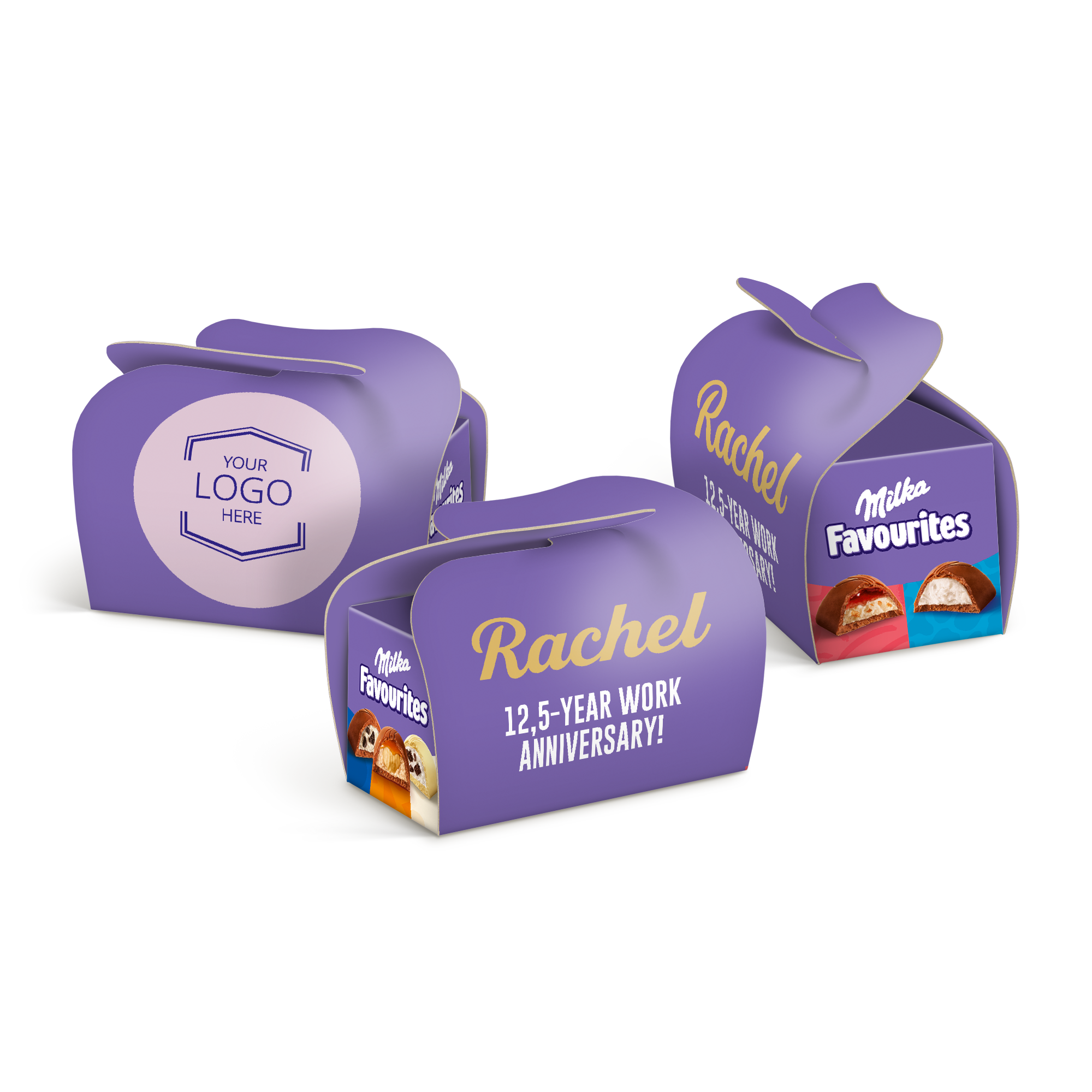 Three personalized purple Milka Favourites chocolate boxes with custom names and logos printed on the front.