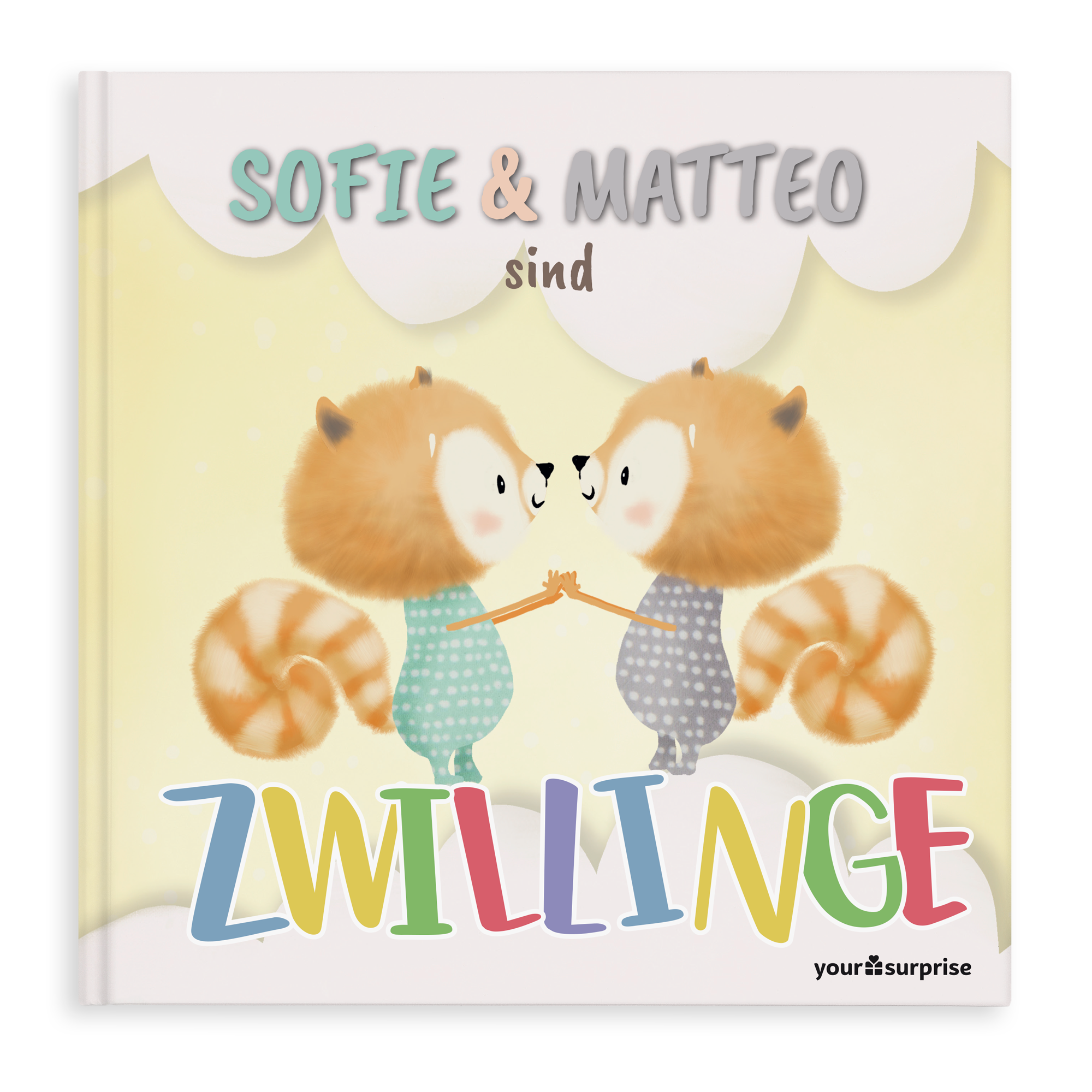 Personalisiertes Buch für Zwillinge mit den Namen Sofie und Matteo, illustriert mit zwei roten Pandas.