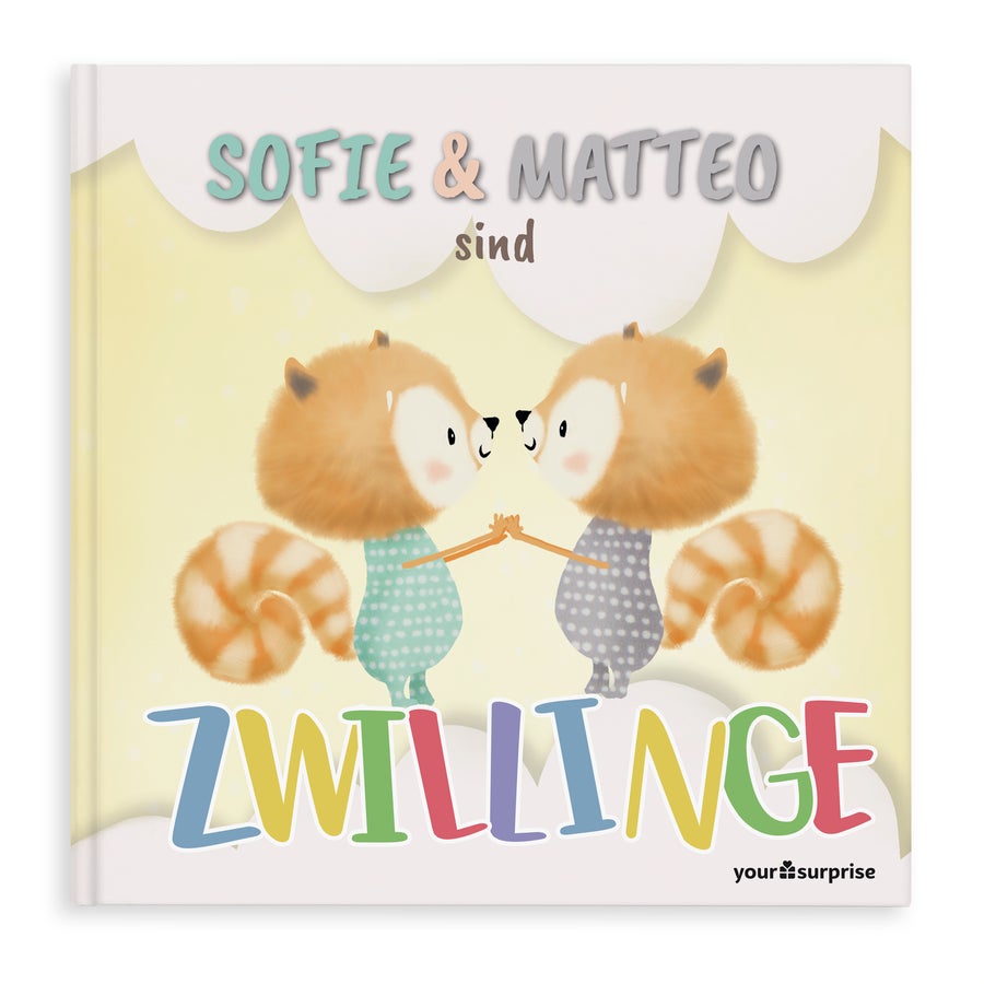 Zwillinge oder Drillinge - Babybuch mit Namen Personalisiertes Buch für Zwillinge mit den Namen Sofie und Matteo, illustriert mit zwei roten Pandas.