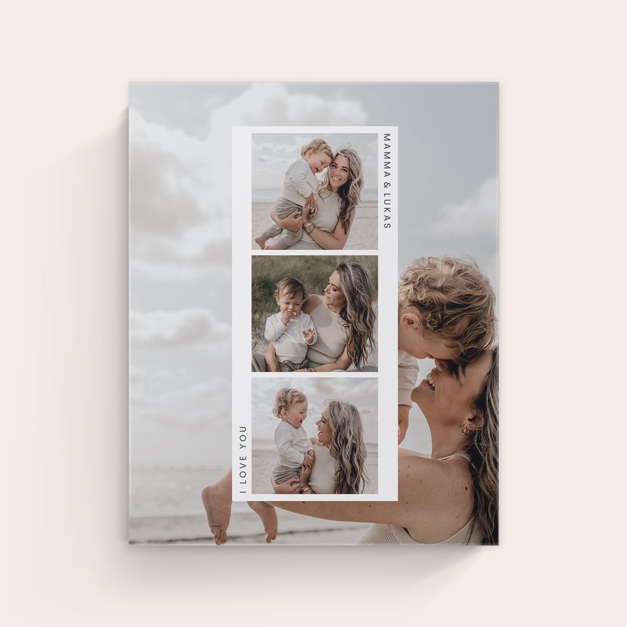 Lerretsbilde Lerretsbilder trykt med en fotokollasje av en mamma og barn og teksten "Mamma & Lukas" og "I love you".