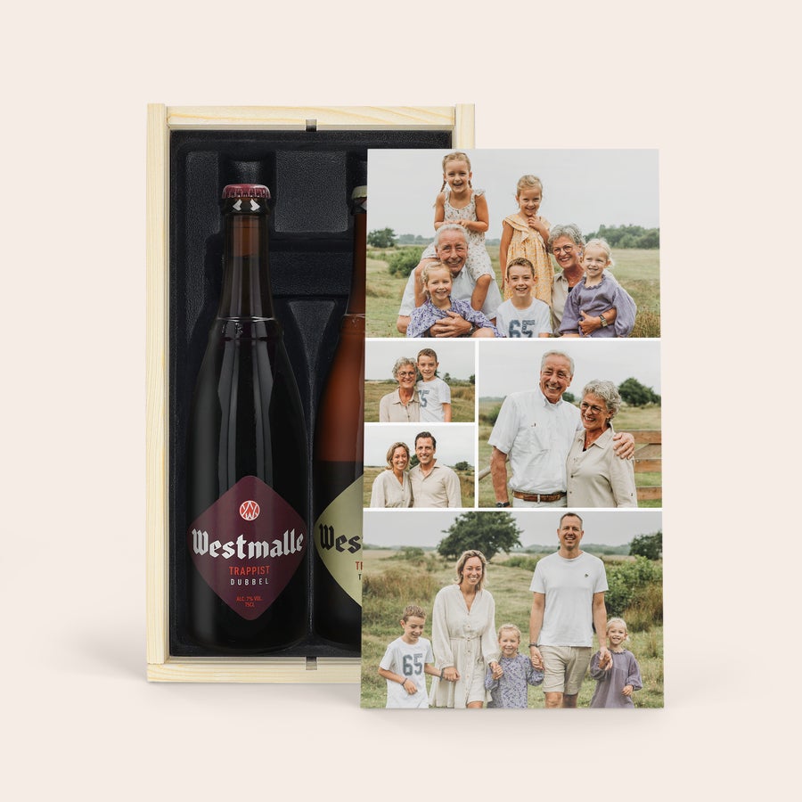 Set piv s personalizací - Westmalle Dubbel a Tripel Personalizovaná dárková sada piva Westmalle Double a Tripel v dřevěném kufříku s potiskem fotografií.