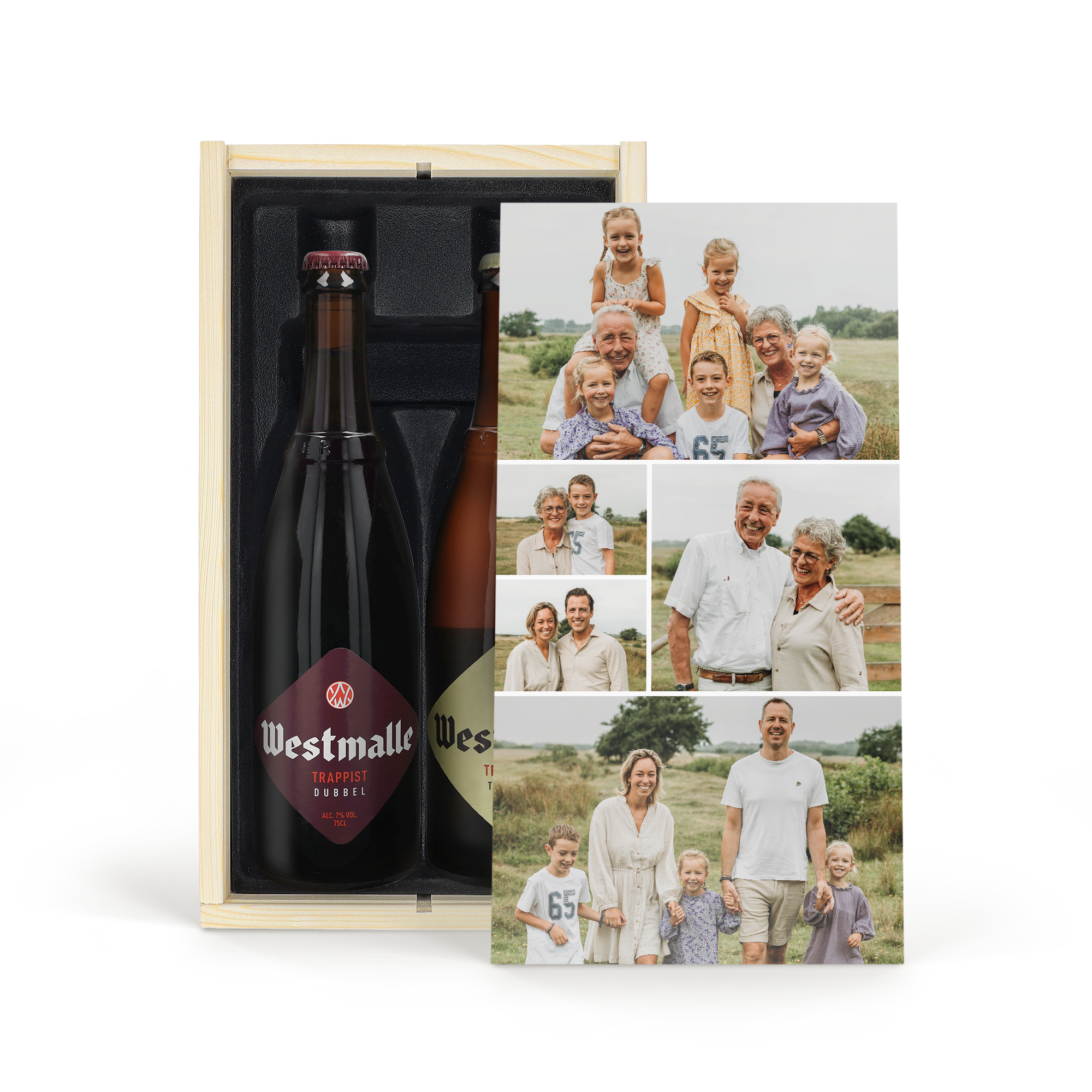 Westmalle sör ajándék egyedi fényképpel és szöveggel nyomtatott fadobozban két Westmalle sörrel