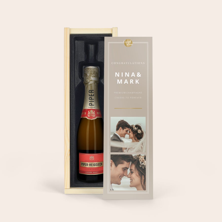 Personalised champagne gift - Piper Heidsieck Brut (375ml) - Printed wooden case Luxurious champagne gift set with personalized lid, showing a Piper Heidsieck bottle and custom photo and text Congratulations Nina & Mark printed on the wooden lid.