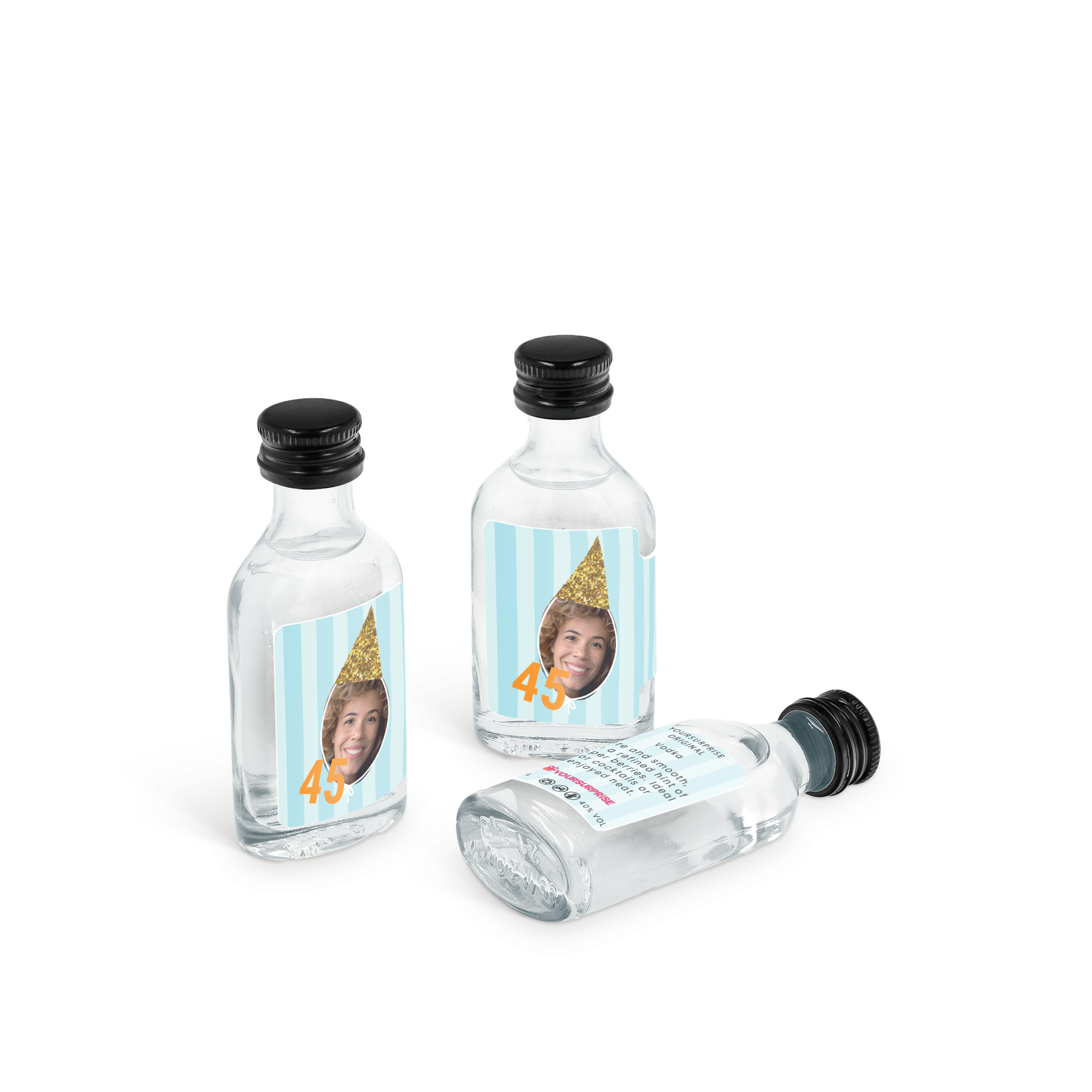 Colección única de Mini Vodka personalizado con foto de mujer, gorro de fiesta y número 45 impreso en la etiqueta