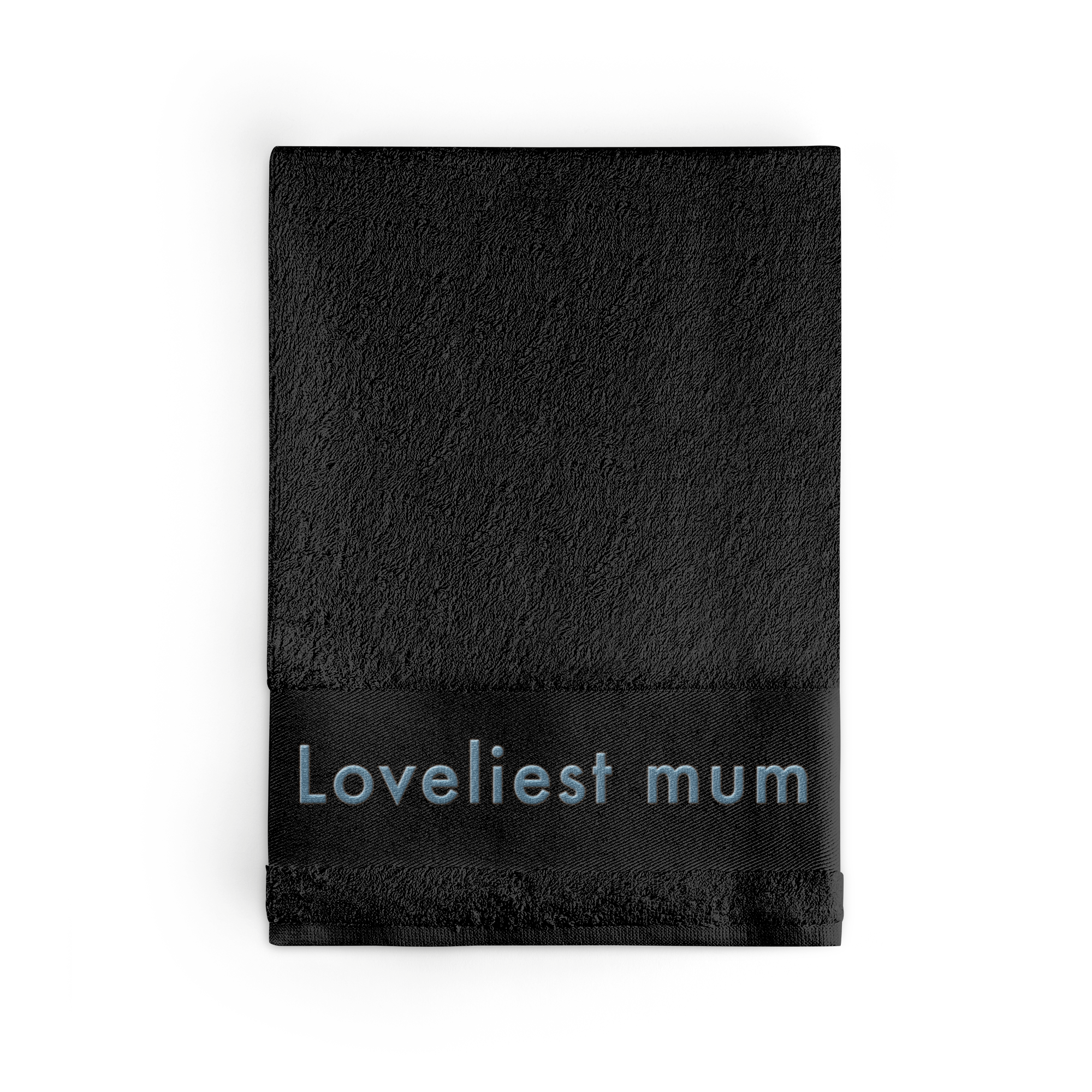 Čierny uterák s vyšívaným textom Loveliest mum, pridaj svoj jedinečný text