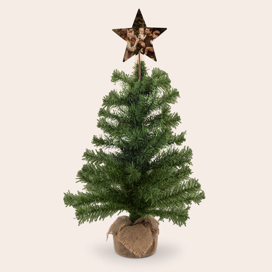 Árvore de Natal artificial com topo de estrela de madeira personalizado Mini árvore de Natal reutilizável com enfeite de estrela de madeira personalizado com uma foto impressa