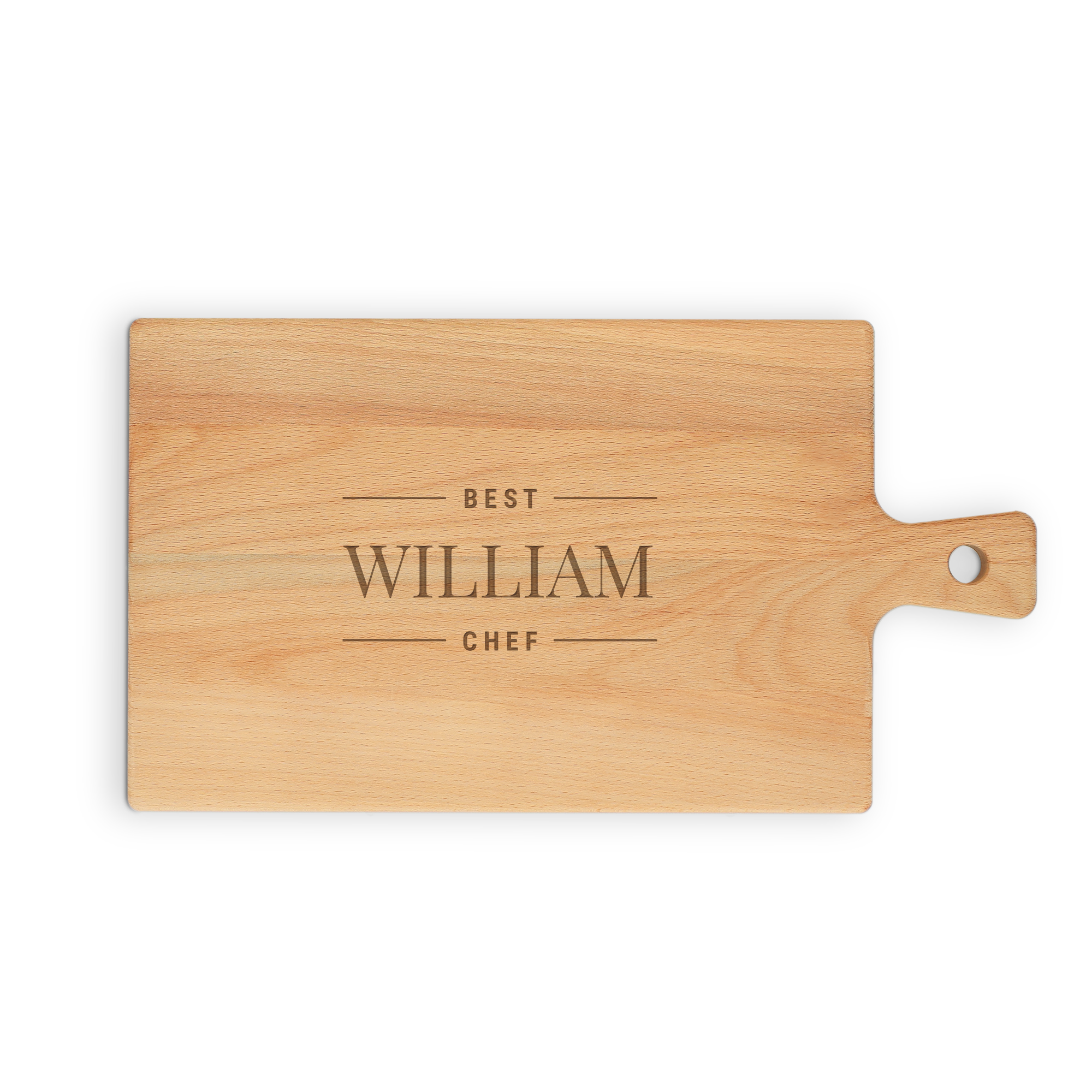 Vassoio in legno chiaro personalizzato con il nome WILLIAM e la scritta BEST CHEF inciso al centro per servire i tuoi snack preferiti
