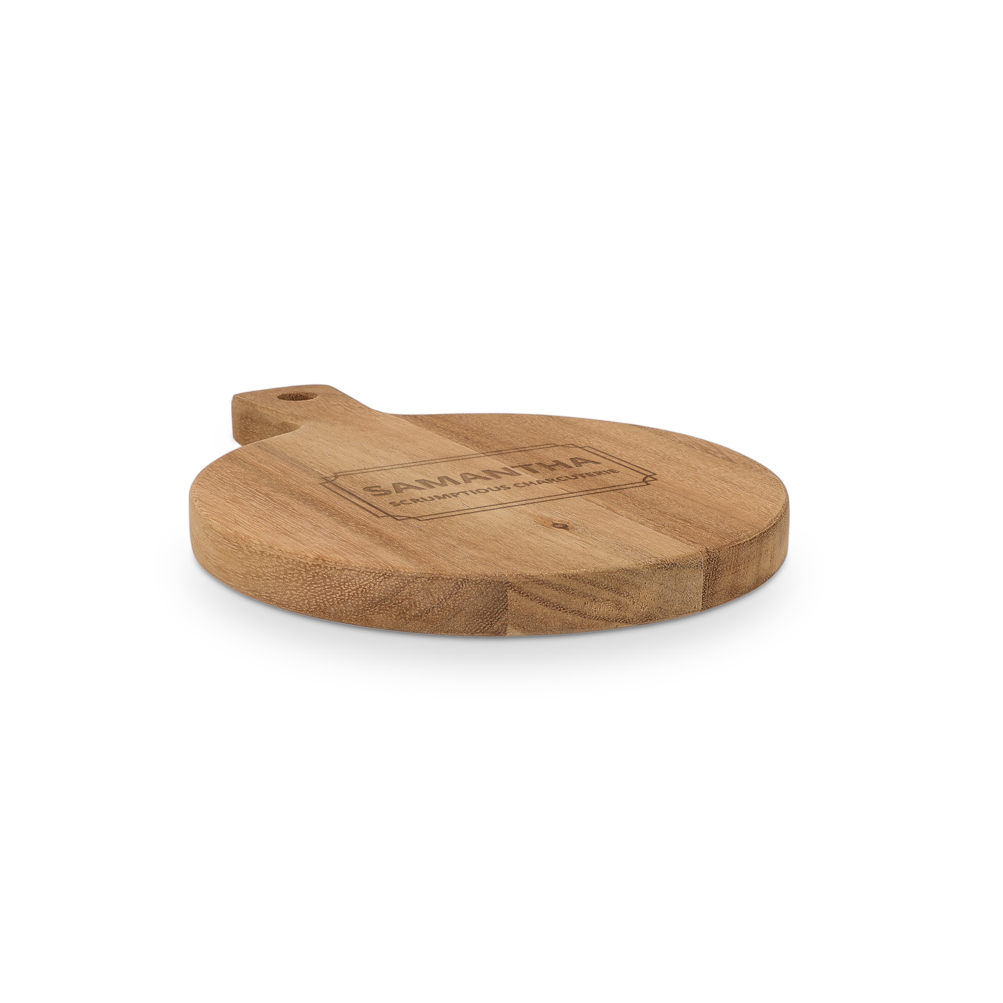 Tabla de madera grabada con el nombre SAMANTHA para servir aperitivos.
