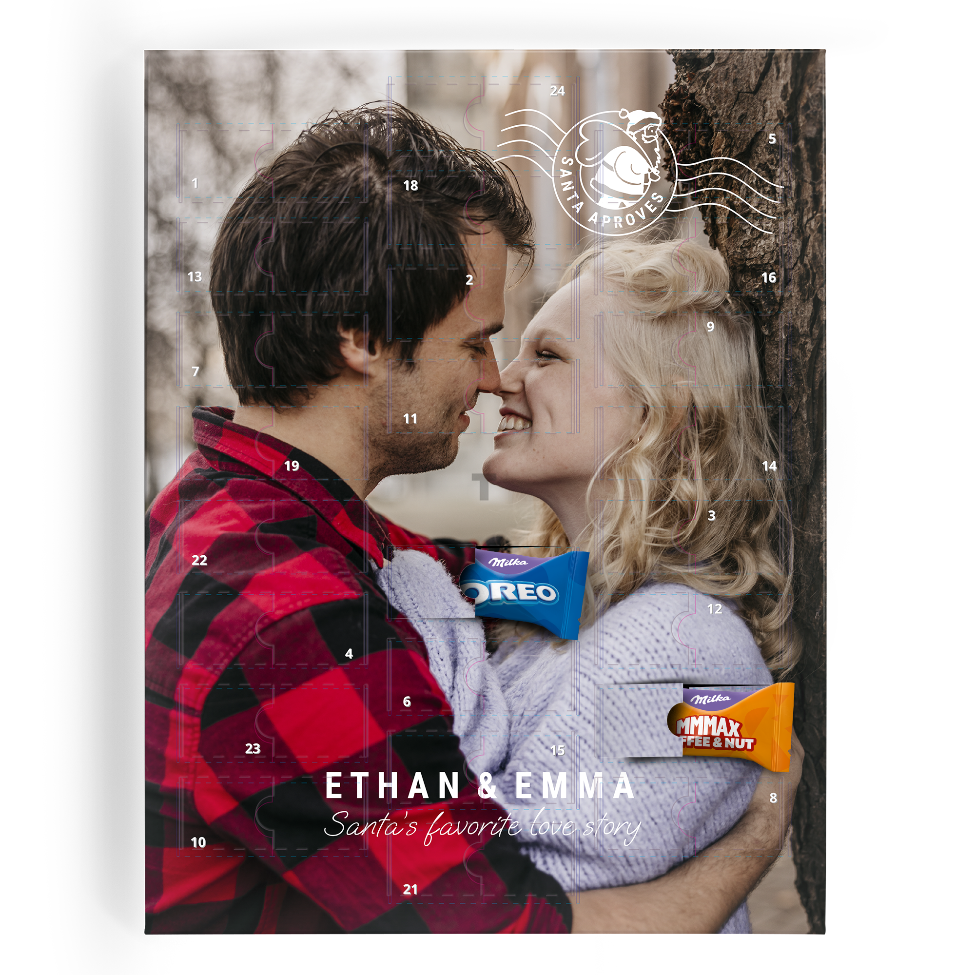 Calendario de adviento personalizado con foto de una pareja abrazada y los nombres Ethan y Emma. Cuenta atrás hasta Navidad con chocolate Milka.