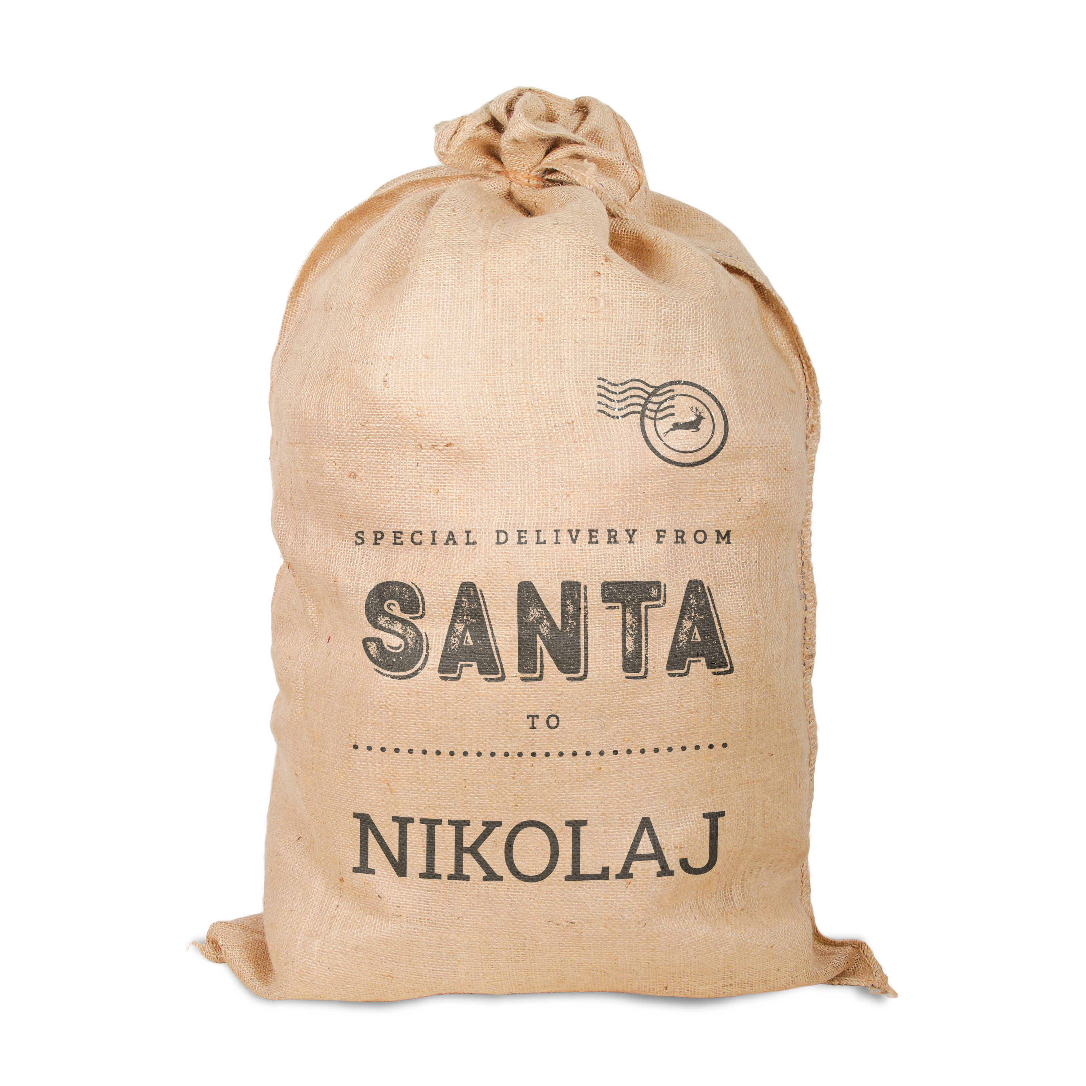 Julegave i unik jute julesække trykt med SPECIAL DELIVERY FROM SANTA TO NIKOLAJ navn og et rensdyr stempel