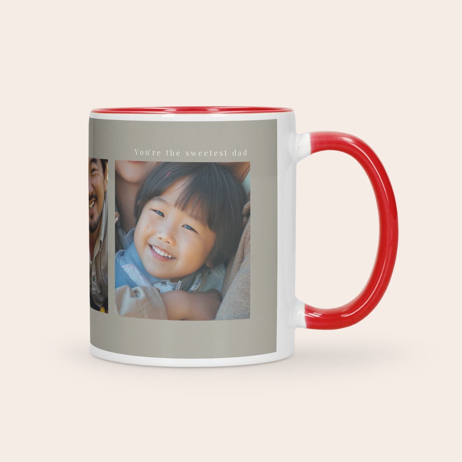 Caneca colorida Personalizada Caneca personalizada com interior e alça vermelhos, impressa com foto de família e a frase You're the sweetest dad