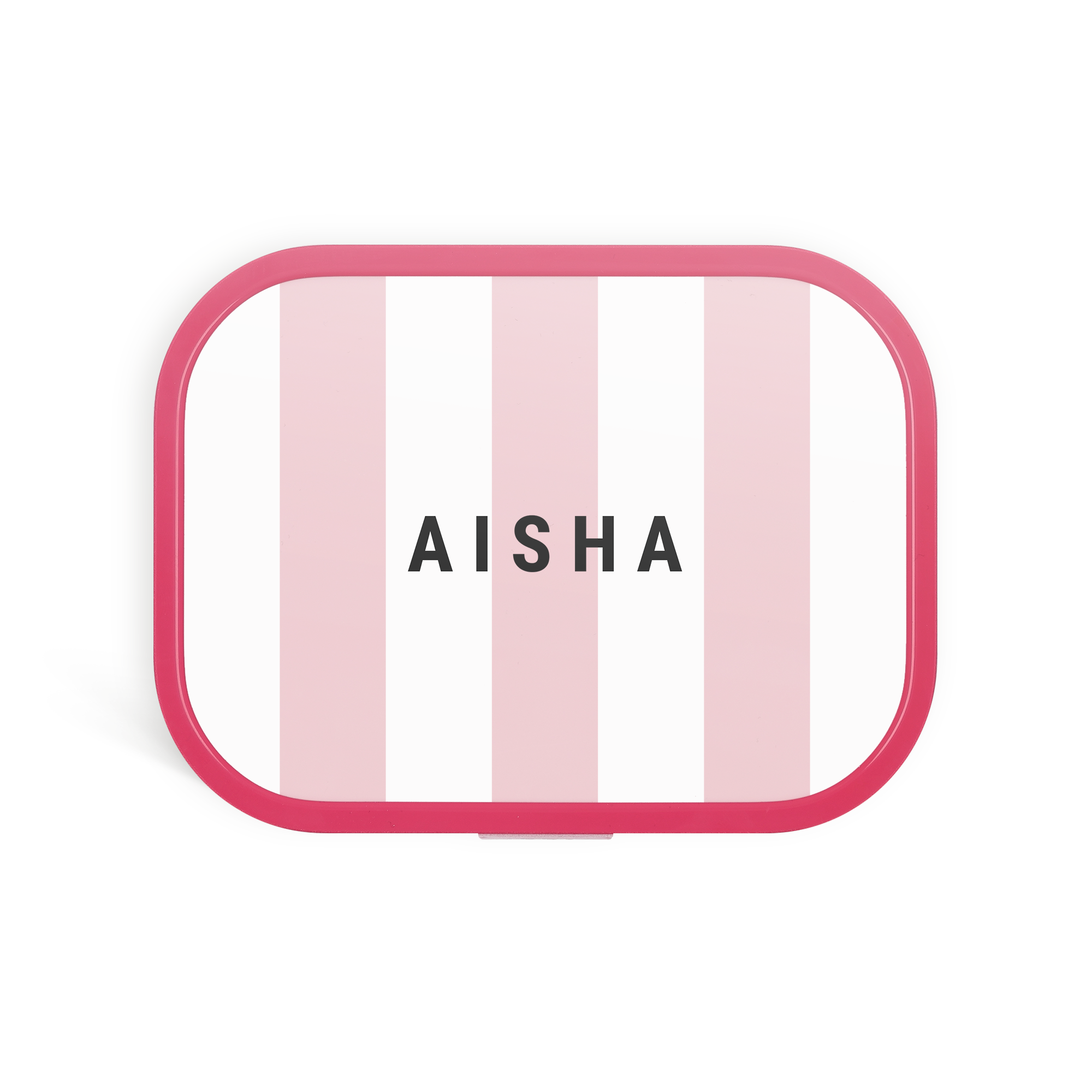 Personalisierte Mepal Brotdose mit pink-weiß gestreiftem Deckel und dem Namen AISHA im Farbdruck. Mit ihrem Namen schmeckt’s gleich noch besser.