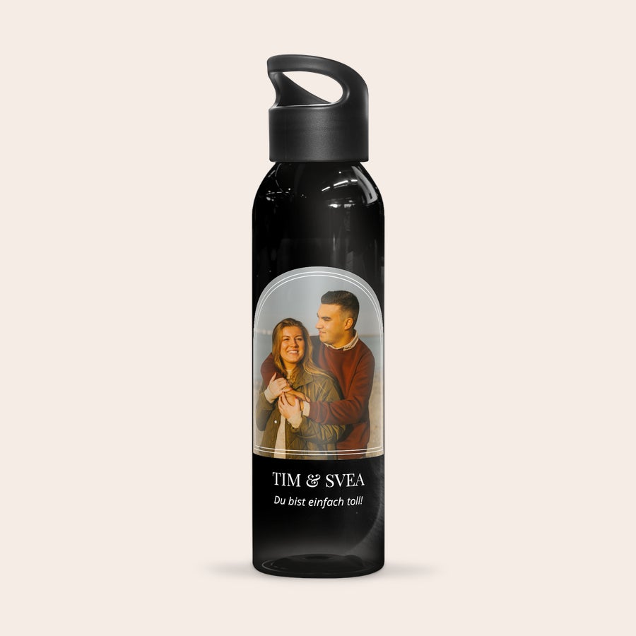 Trinkflasche bedrucken Schwarze Wasserflasche mit personalisiertem Foto von Tim und Svea und dem Spruch Du bist einfach toll!