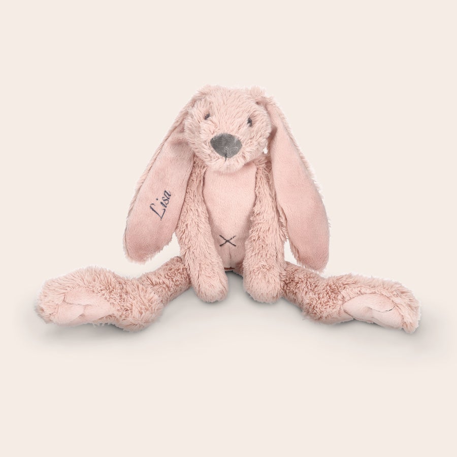 Personalisiertes Kuscheltier - Happy Horse Niedliches rosa Kuschelkaninchen mit Namen Lisa auf dem Ohr, bestickt für besondere Kuschelmomente.