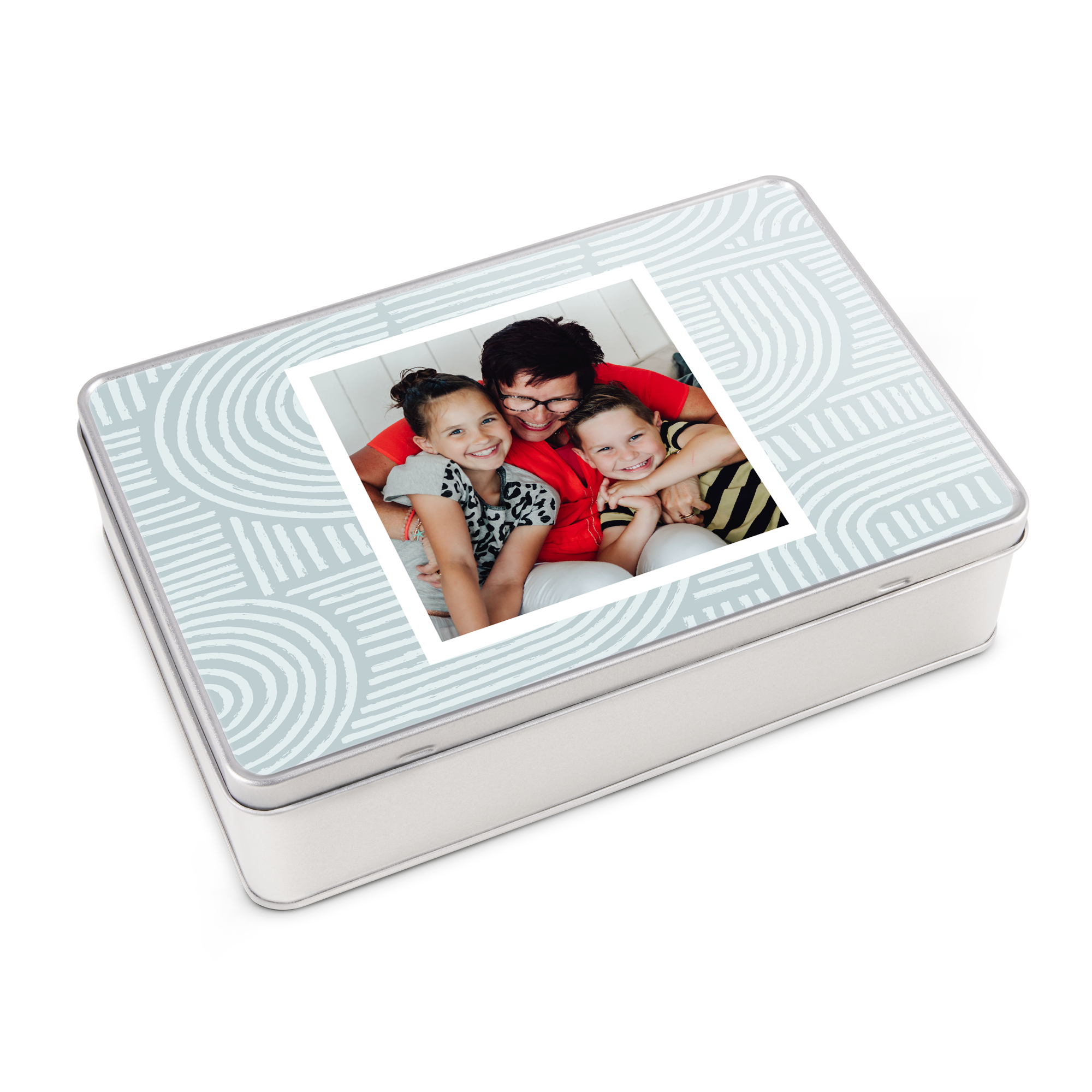 Personalisierte Geschenkdose mit Foto einer Familie und Muster, bedruckt als Dose für Oreokekse