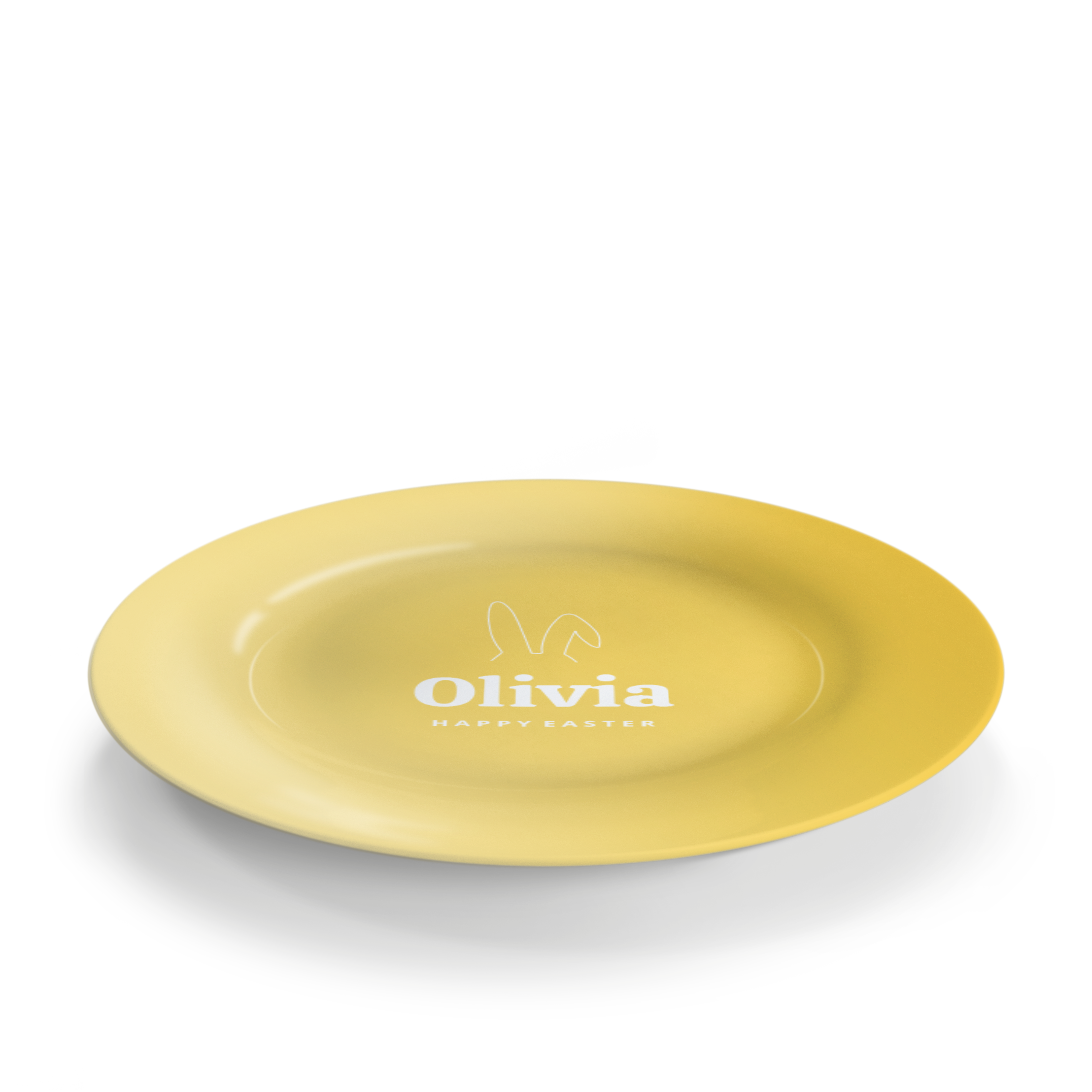 Gul personlig påskeplate med en kaninøre-logo og teksten "Olivia Happy Easter" trykt i hvitt.
