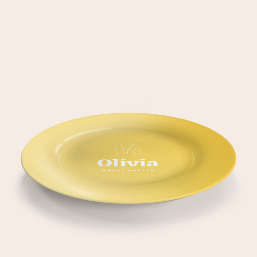 Velikonoční talíř Žlutý velikonoční talíř s potiskem králičích uší a nápisem Olivia Happy Easter pro osobní velikonoční brunch