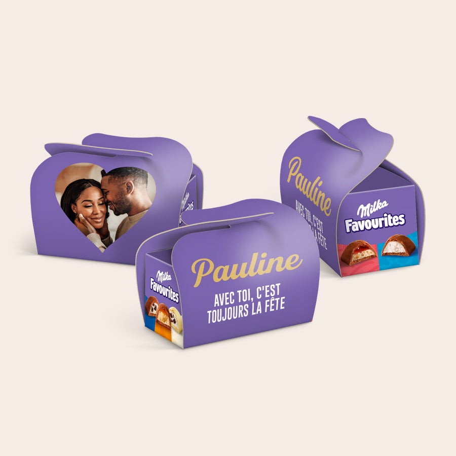 Cadeaux en lot Milka Favourites – personnalisés Coffrets Milka Favourites violets personnalisés avec photo et le nom Pauline, pour partager une touche de joie violette spécialement conçue pour eux