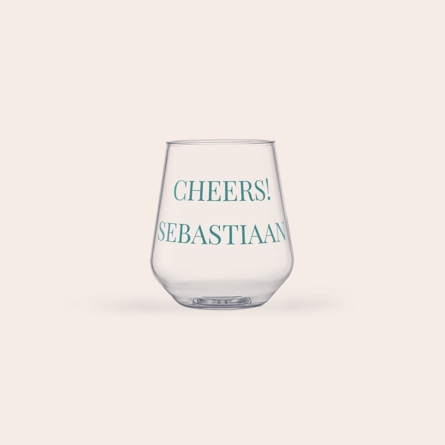 Waterglas bedrukken - Kunststof  Transparant waterglas bedrukt met de tekst Cheers! Sebastiaan, ideaal voor stijlvol picknicken.