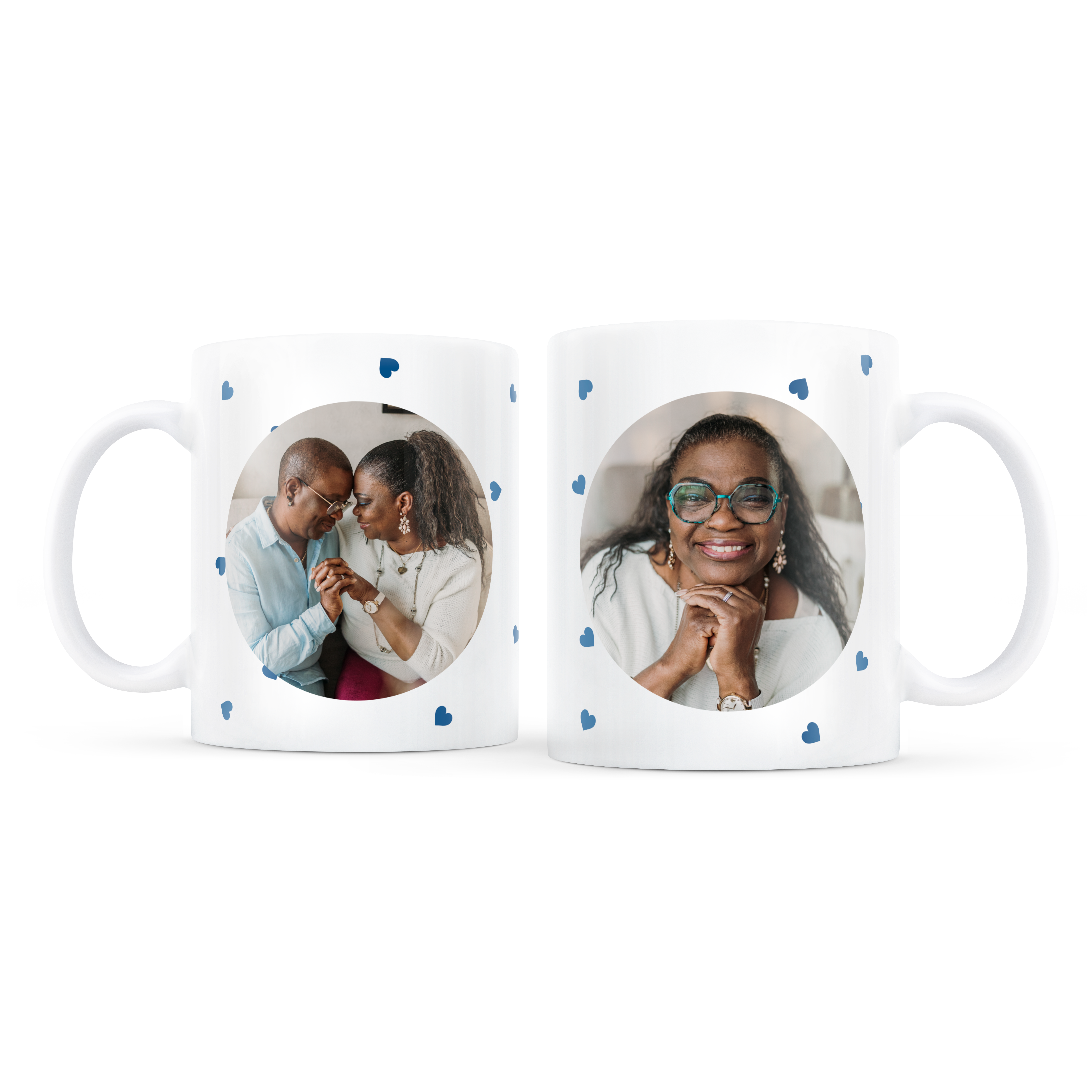 Set di tazze romantiche personalizzate con foto di coppia e cuori blu, stampate con una foto personalizzata