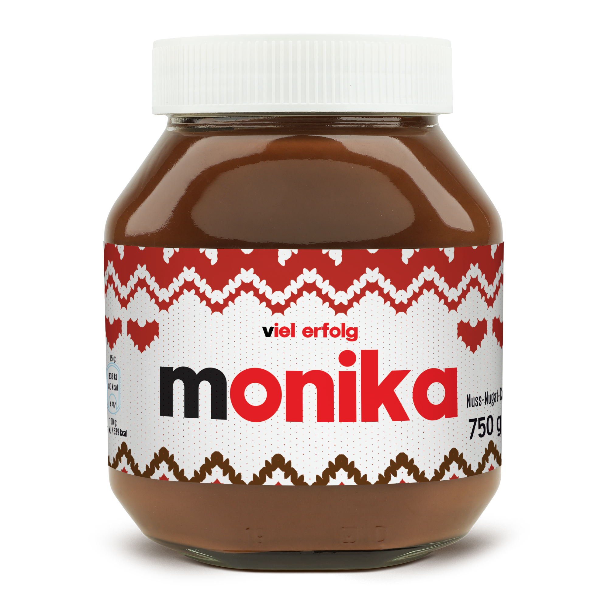 Personalisiertes nutella® Glas mit dem Namen Monika, bedruckt und verziert mit Strickmuster