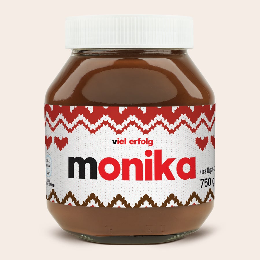 Personalisiertes nutella®-Glas Personalisiertes nutella® Glas mit dem Namen Monika, bedruckt und verziert mit Strickmuster