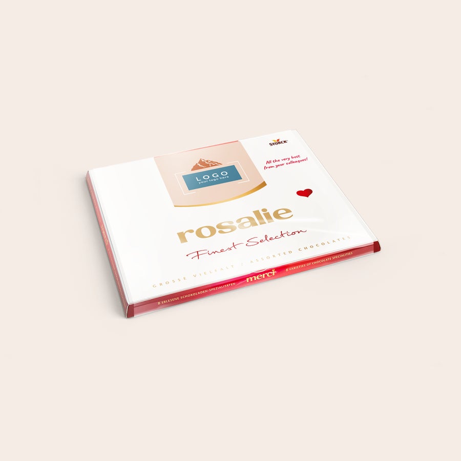 Merci Chokolade med personligt kort Merci chokolade gaveæske med personligt kort til Rosalie og dit logo, klar til at overraske med en personlig chokolade gaveæske.