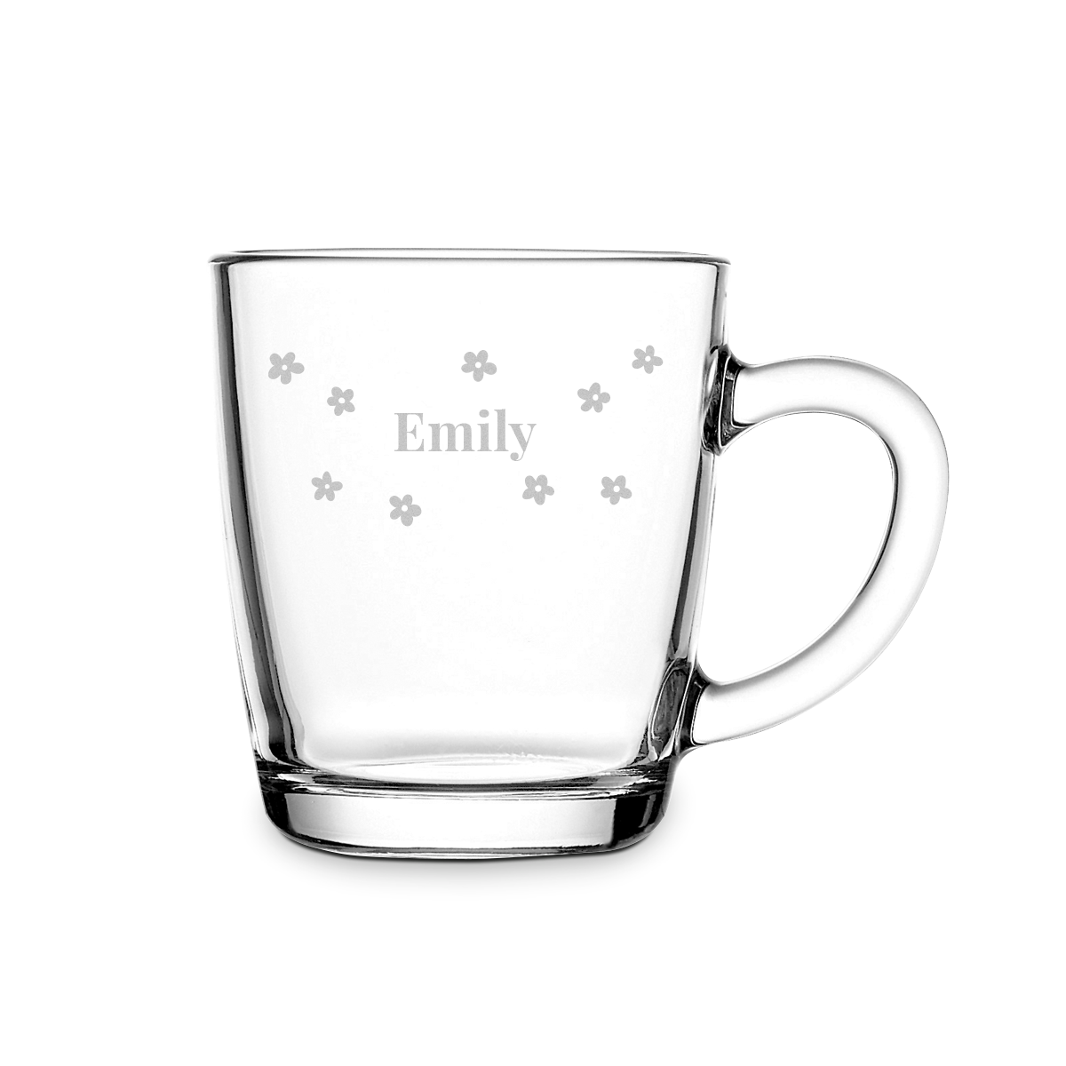 Taza de té de cristal personalizada con diseño de flores y el nombre Emily grabado para la hora del té.