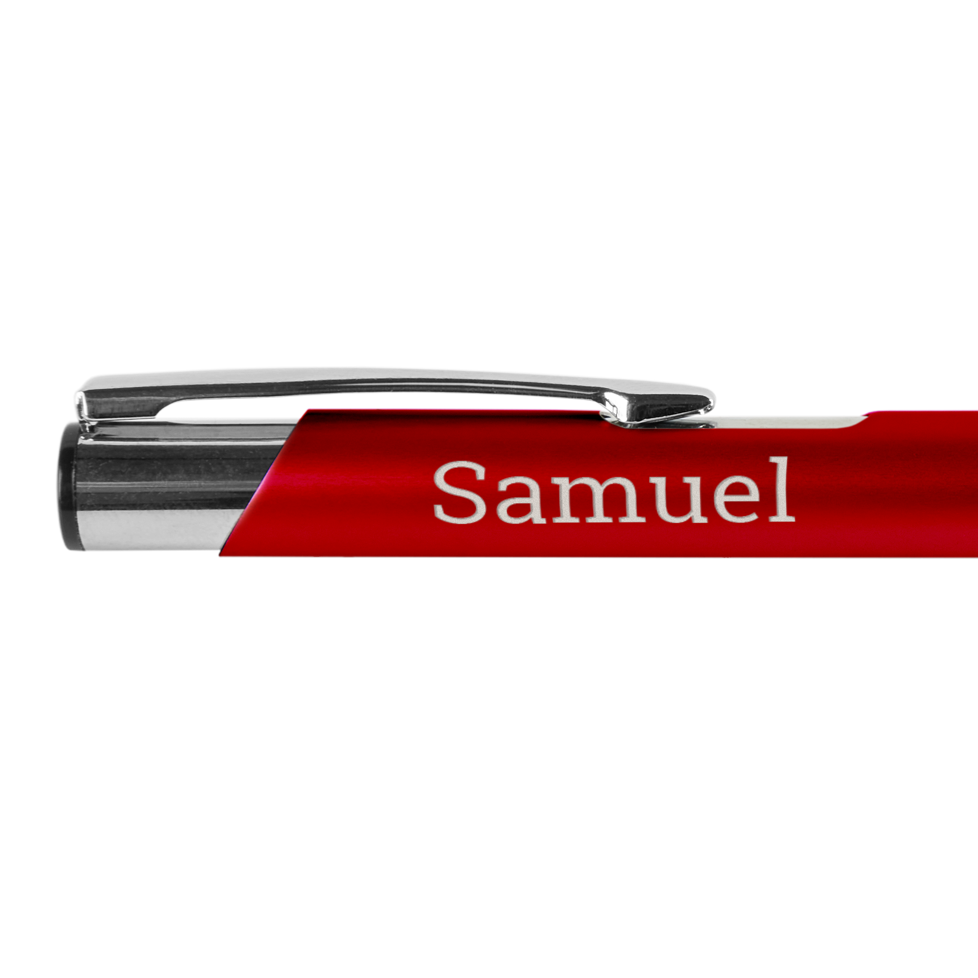 Rode Viva pen met zilverkleurige clip en gegraveerde naam Samuel, een stijlvol gepersonaliseerd cadeau.