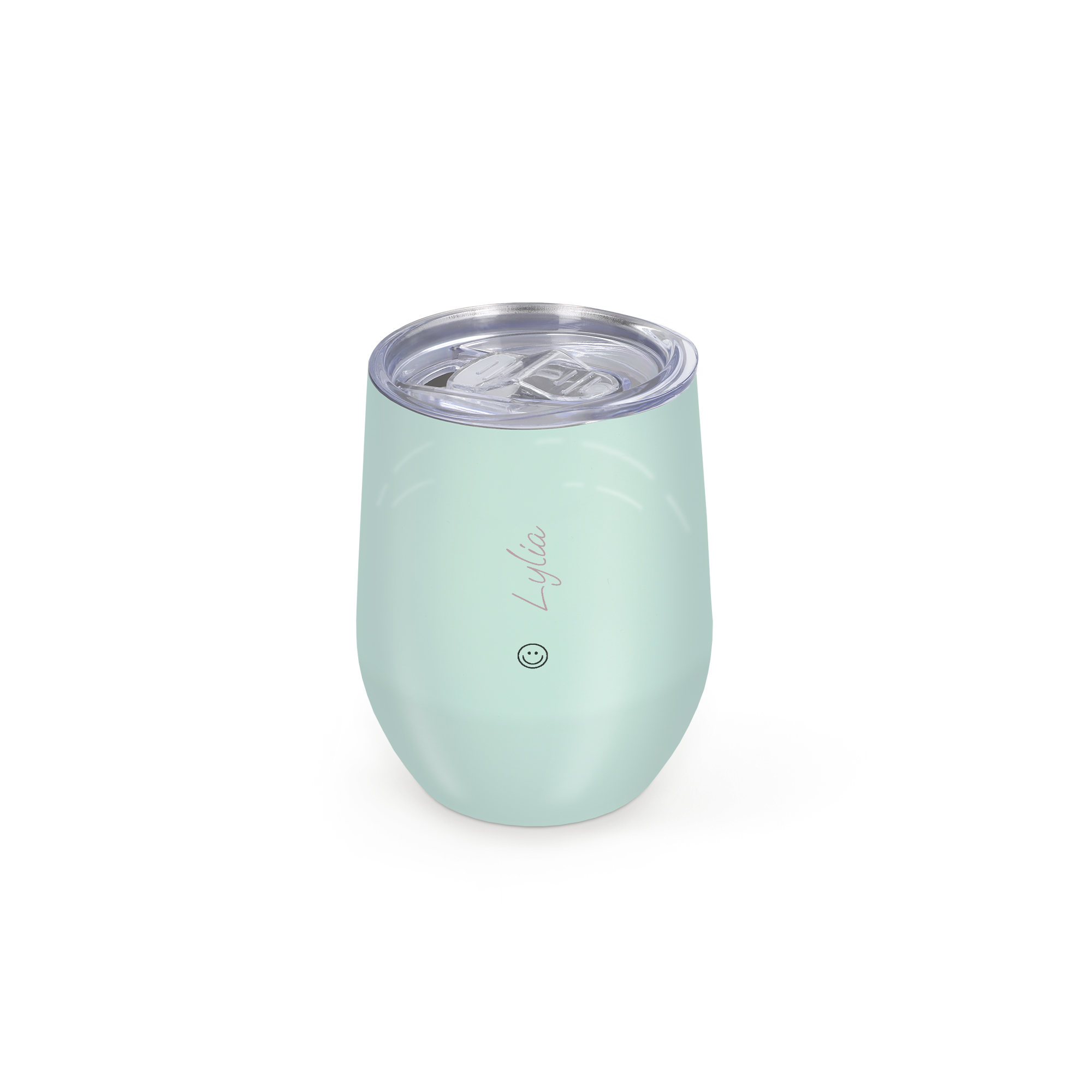 Personalized travel cup with lid - 350 ml - Green, engraved with the name "Lylia" and a smile icon. Customize this travel cup with your own name.