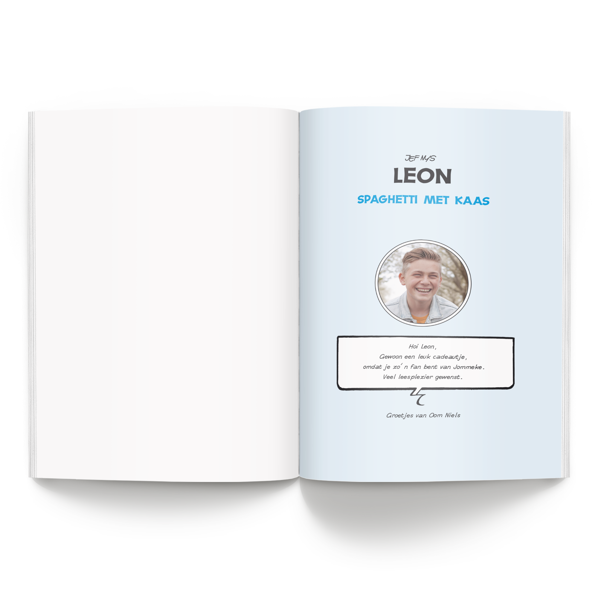 Persoonlijk stripboek - Jommeke Spaghetti Met Kaas (Softcover) met eigen foto, naam Leon en een persoonlijke boodschap, gedrukt.