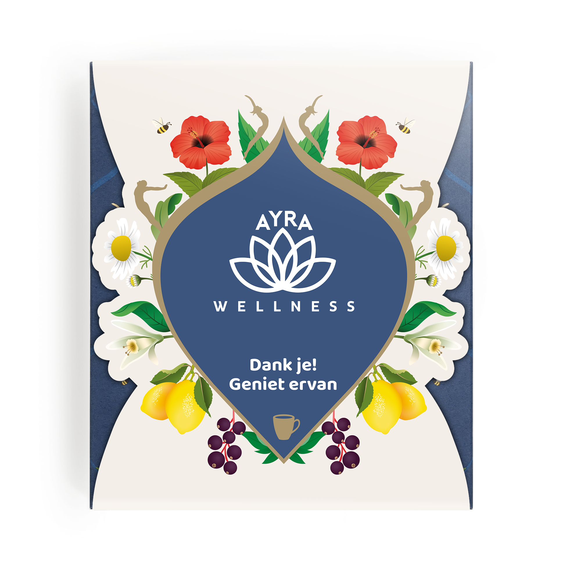 Gepersonaliseerde Pukka theedoos bedrukt met bloemen, fruit en de tekst "Dank je! Geniet ervan", voor thee met een glimlach.