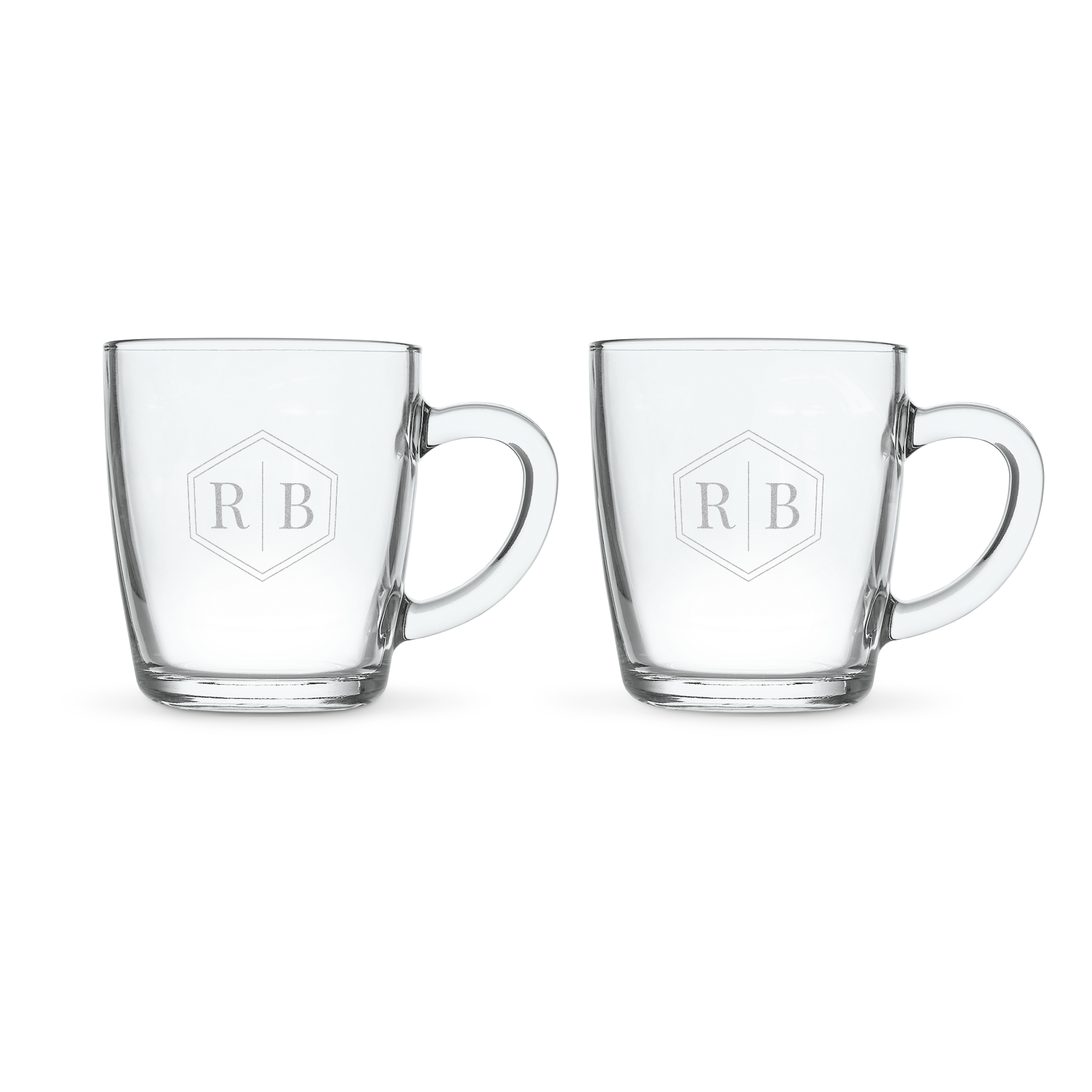 Deux tasses à thé personnalisées en verre gravées avec un monogramme RB et un motif hexagone