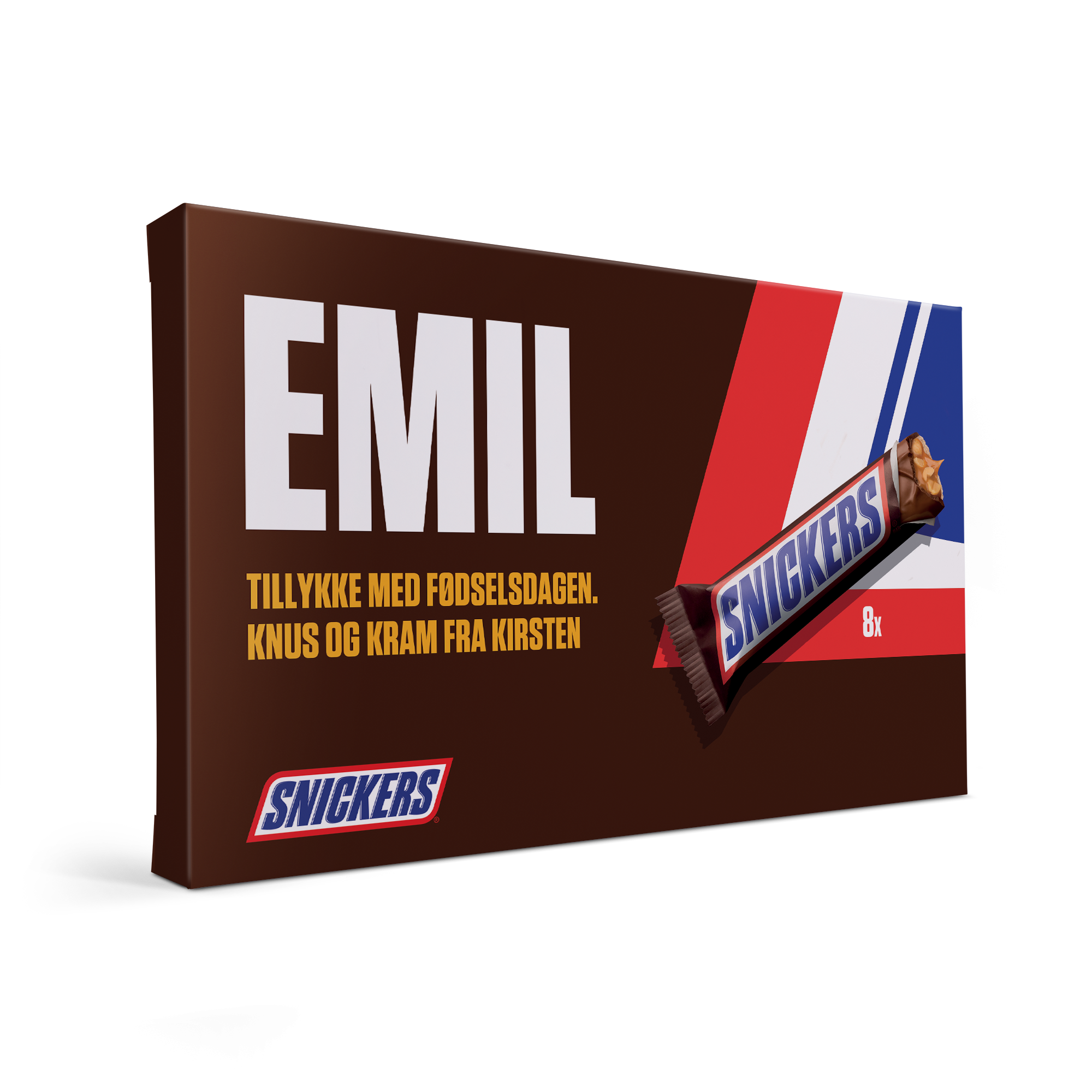 Snickers chokoladegave med navn og billede