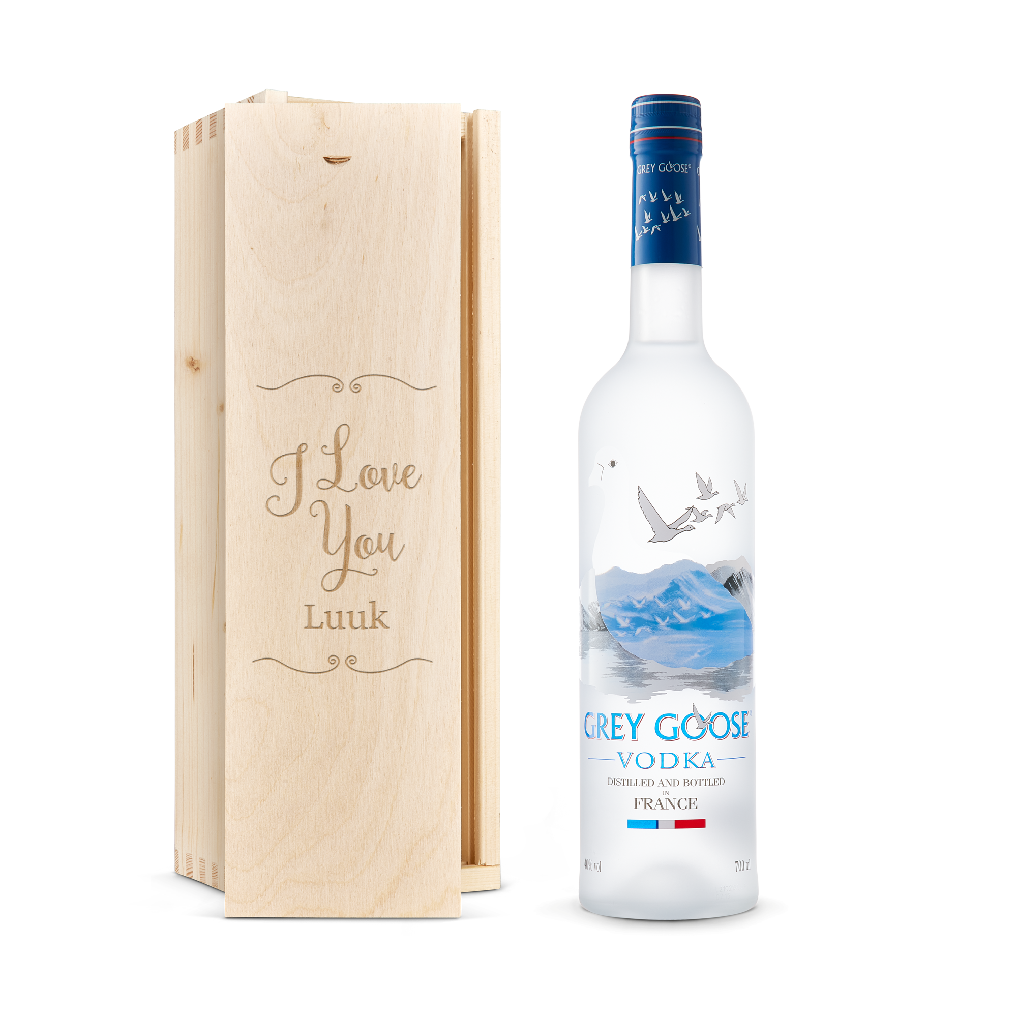 Vodka in gegraveerde kist - Grey Goose