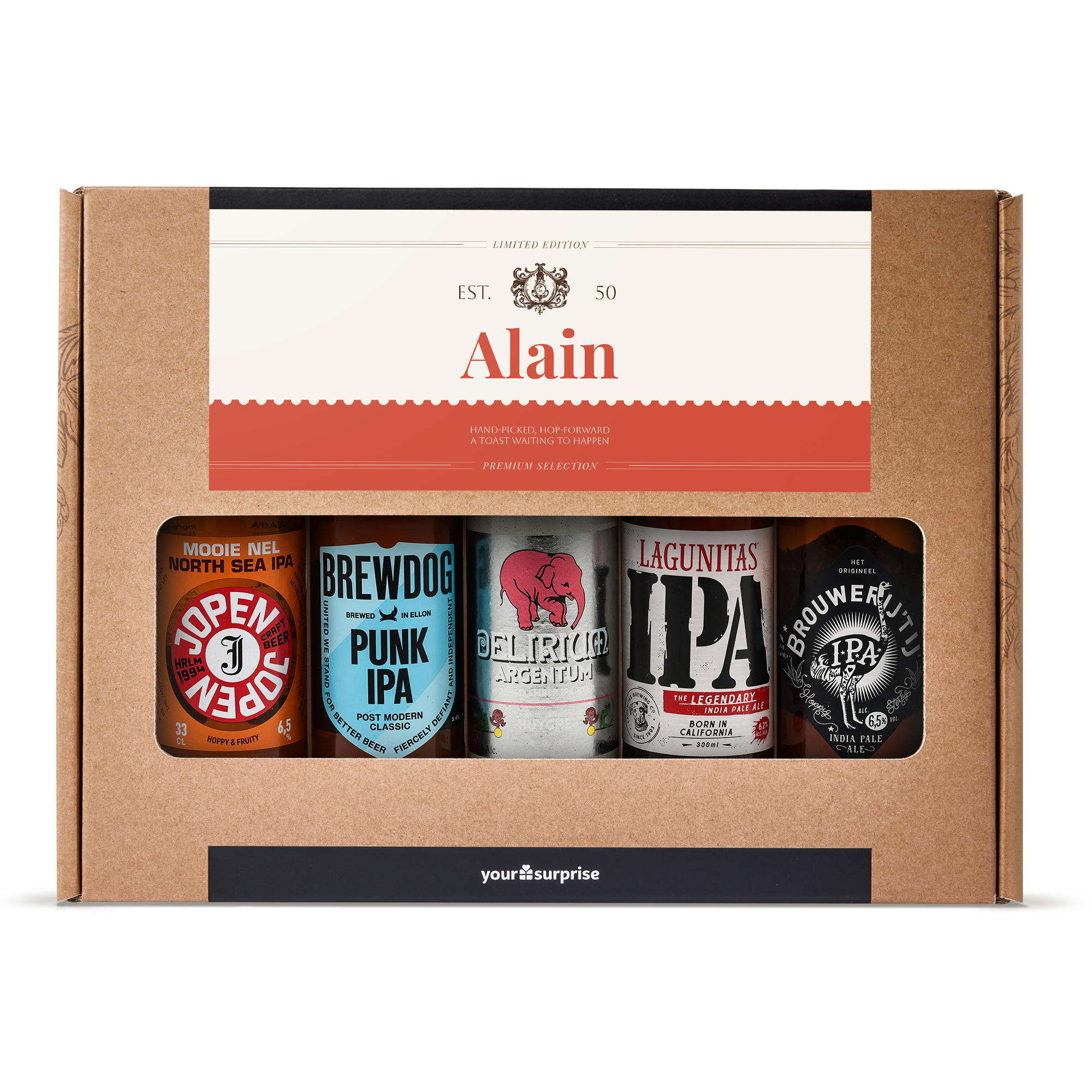 Coffret cadeau de bière de microbrasserie personnalisé imprimé avec le nom Alain