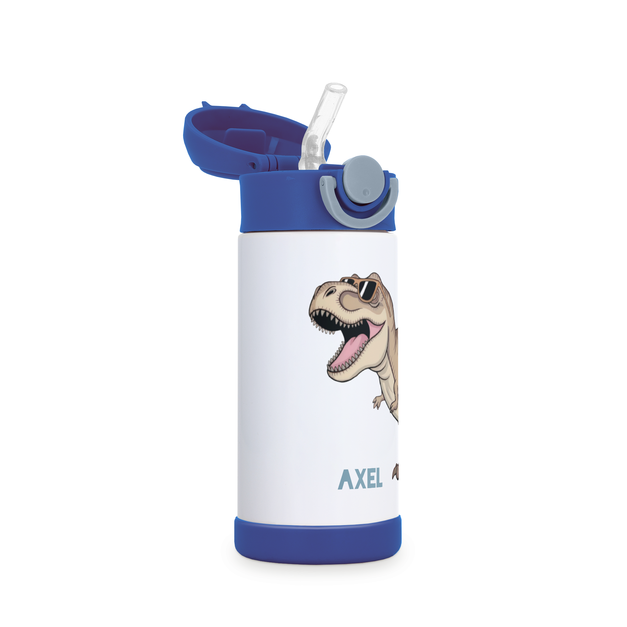 Gourde en acier inoxydable blanche pour enfants avec paille bleue, imprimée d'un dinosaure à lunettes et du prénom AXEL.