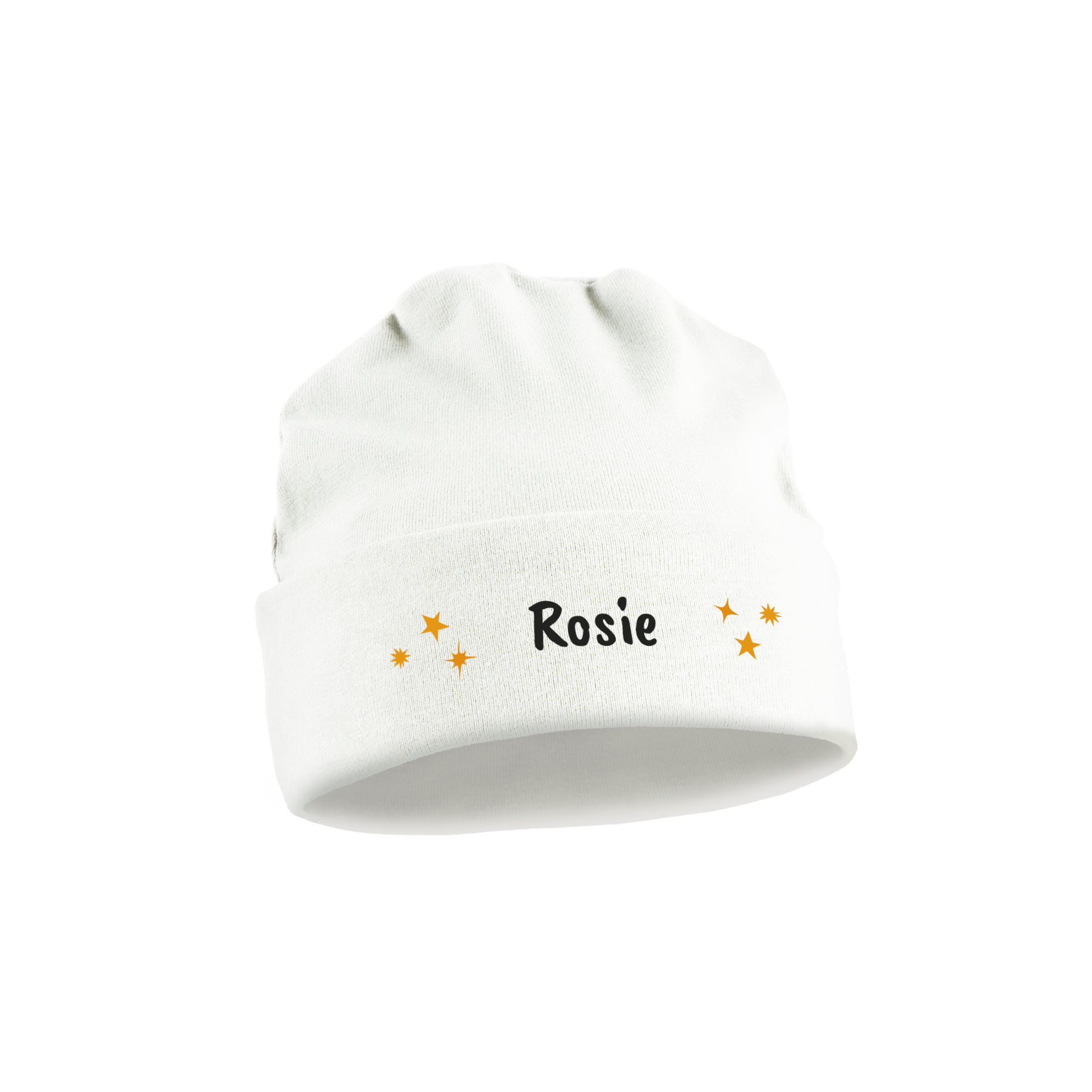 Fehér baba kalap fekete Rosie névvel és arany csillagokkal nyomtatva, mint első karácsonyi ajándék.