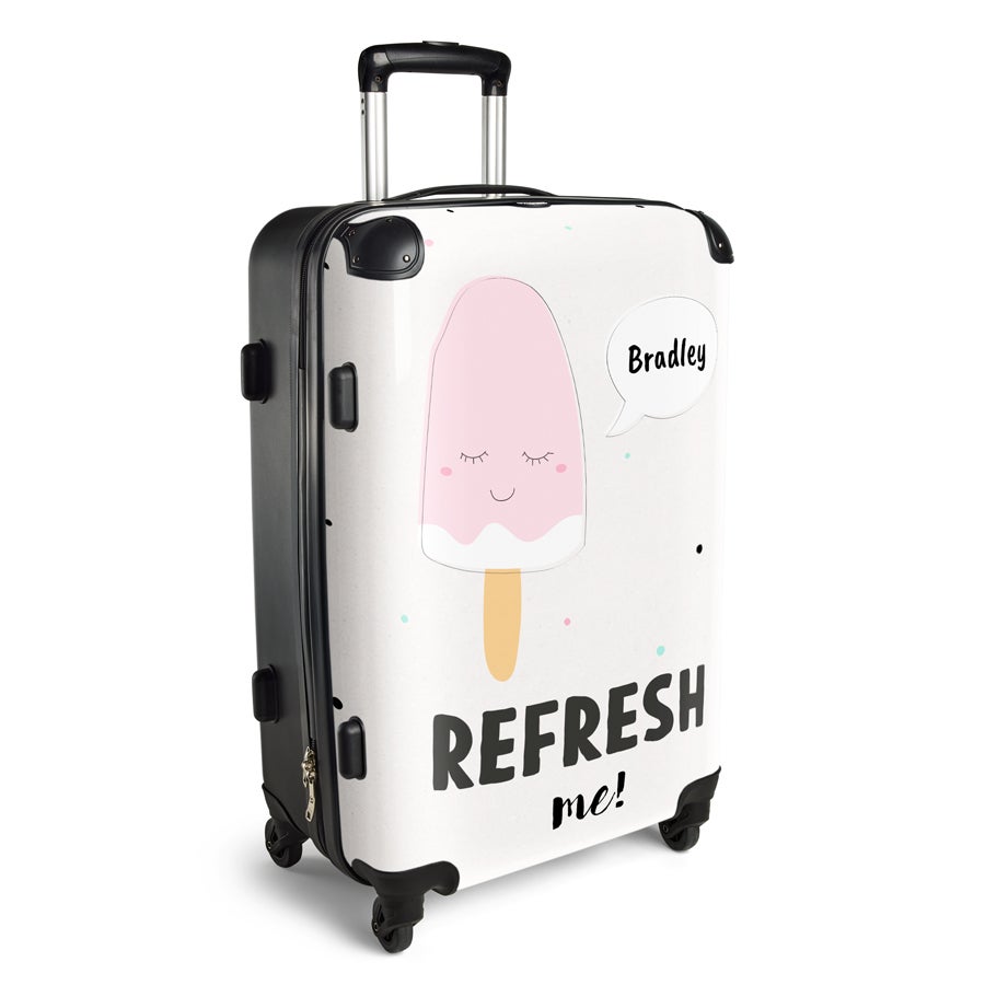 White super lightweight XL Princess suitcase printed with a pink popsicle, the name Bradley, and "REFRESH me!"
