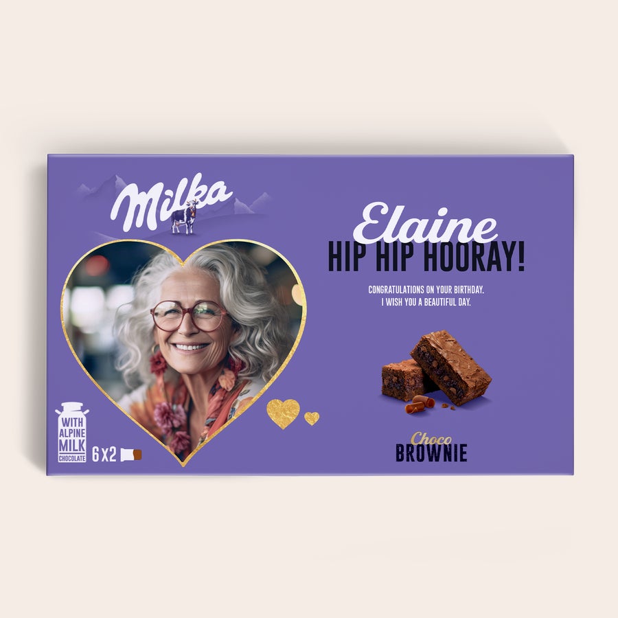 Milka Brownies Fialová Milka Choco Brownie darčeková krabička s vlastnou fotografiou a menom Elaine.