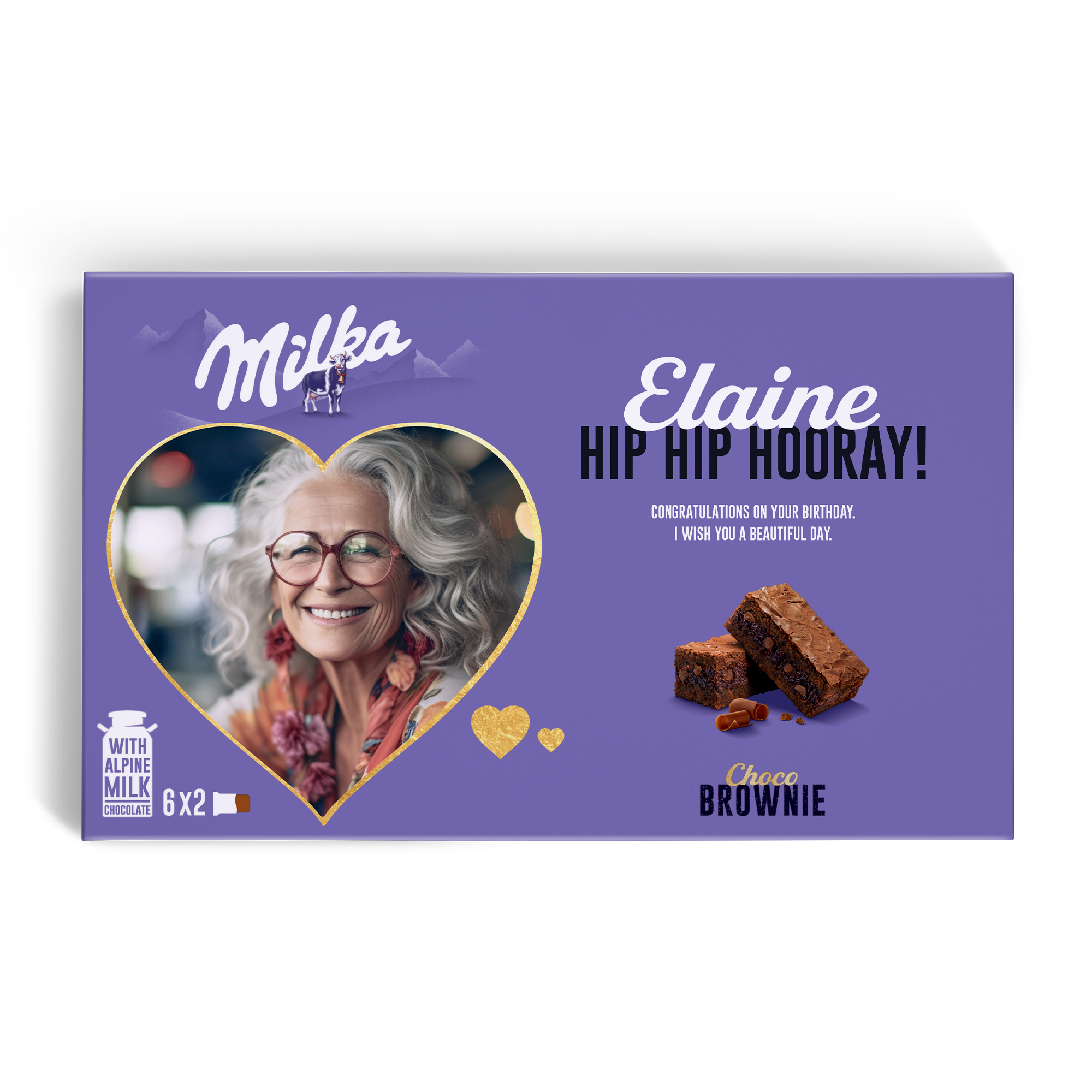 Fioletowe pudełko Milka Choco Brownie spersonalizowane zdjęciem, imieniem Elaine i wiadomością, widoczne są dwa brownie.