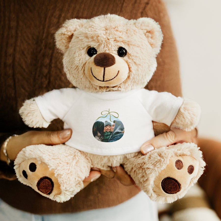 Personalised cuddly toy bear Personalised cuddly toy - Teddy bear - 20 cm, wearing a white shirt printed with a custom photo.