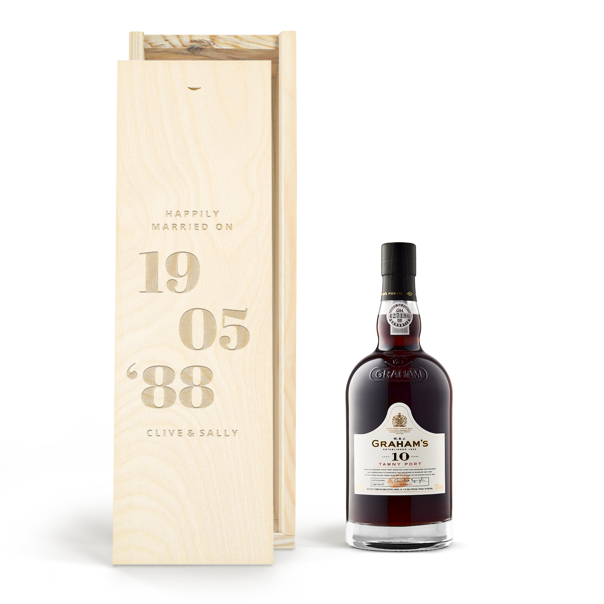 Graham's 10 Years port in a personalized engraved wooden case with 'Happily Married On 19 05 '88 Clive & Sally' text.