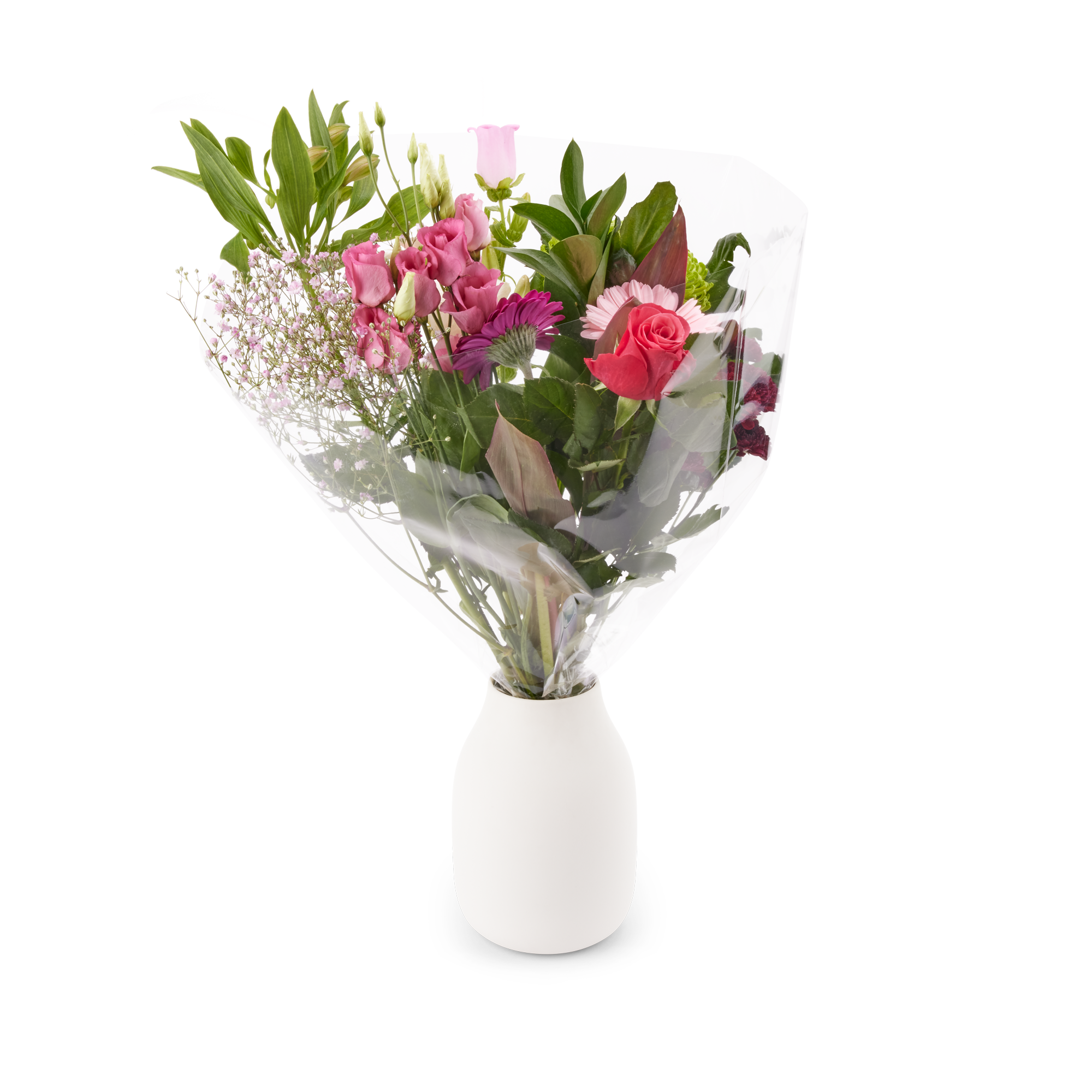 Roze plukboeket met rozen, gerbera's en gypsophila in cadeauverpakking, personaliseerbaar met cadeaukaartje